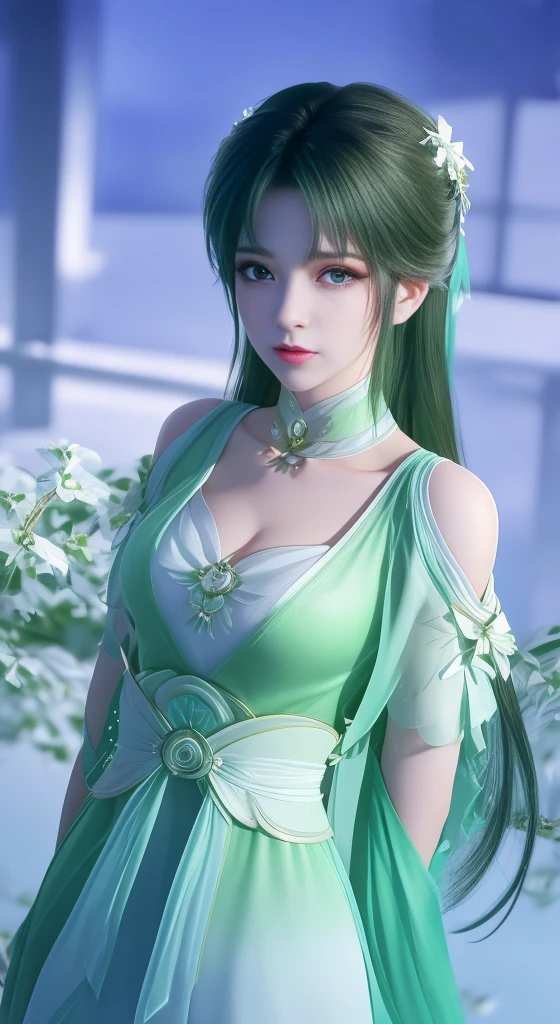 1girll,Cityscape,Night,view the viewer,hair adornments,double tails,White and green dress,Collar,clothing cutout,jewelry,shirt,Trim,belt,shoulder cutout,choker necklace,Hair,aged down,Cowboy shot,Obi, low collar, seductive, white milk on face, white milk on hair