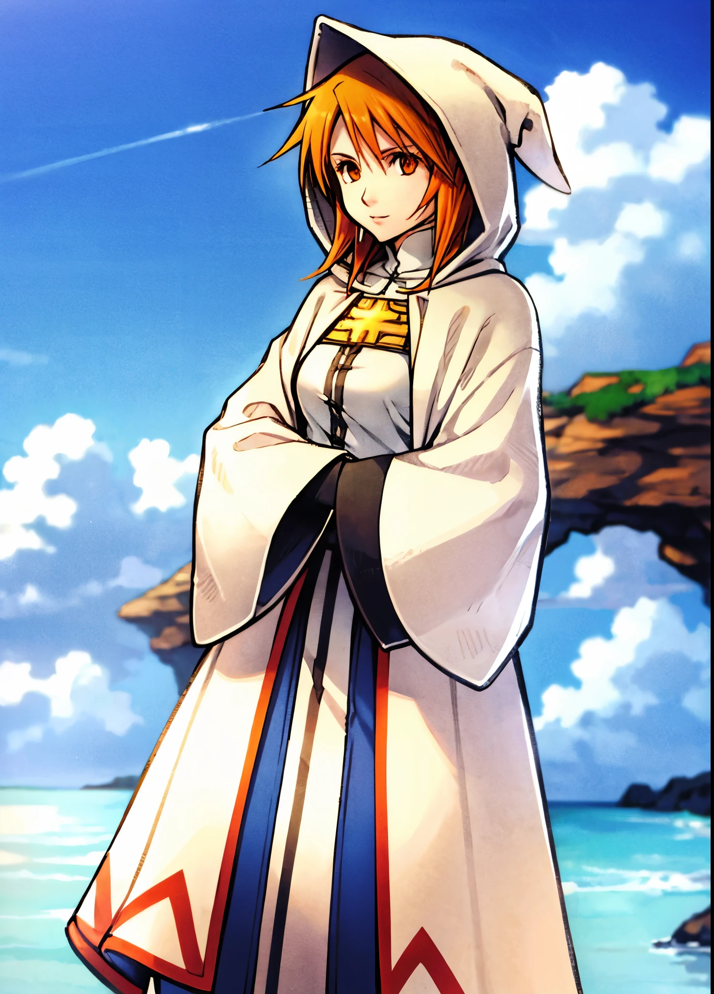 refia, orange hair, hood, white cloak, white mage, red trim
