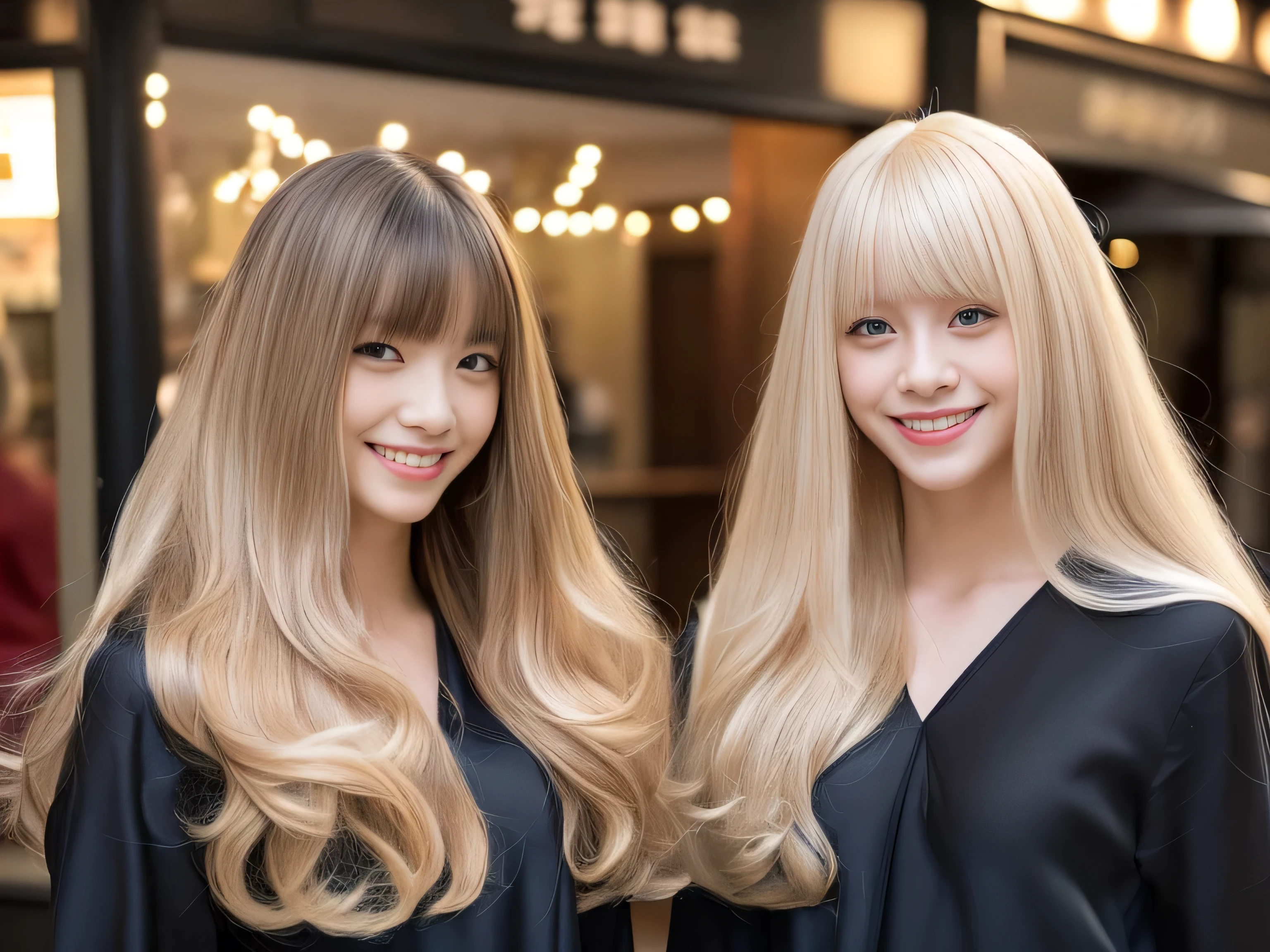 (Above-the-knee shot of two identical twins :1.3) (The two of them are posing together in a fun-looking way.:2.0) (They look happy as they look at each other in a busy street in Japan.) (Their faces are clones Clothes are random Hair color is random) (((Hair color: deep black or light brown:1.5))) ((Beautiful model with long platinum blonde hair, girl with super length Hair, extremely length Hair, extra length Hair, very long, Flowing Hair, very length Hair, length Hair girl, very long, Flowing platinum blonde hair, length Hair windy, very longプラチナブロンドヘア, length, Flowing Hair, length and or curly hair, with length Hair, length Hair!!!! Her highest quality hair is long and 真っ直ぐ or curly hair very long, highest quality platinum blonde, length hair in the center, Highest quality long Straight or curly hair, length, Straight or curly hair, beautiful, High quality platinum blonde hair, length and platinum blonde hair highest quality Straight or curly hair, length Hair, length and Straight or curly hair, highest quality platinum blondeヘア, Perfect silky Straight or curly hair of the highest quality, Straight or curly hair, highest quality platinum blondeヘア, length platinum blonde hair Straight or curly hair, length, Bright platinum blonde hair Her hair is long and Straight or curly hair, very longプラチナブロンドヘア, length hair in the center, length Straight or curly hair, length, Straight or curly hair, beautiful hair of the highest quality, length Hair, length, Straight or curly hairプラチナブロンドヘア , length and free Straight or curly hair Platinum blonde hair, Straight or curly hair Platinum blonde hair)) (Her bangs are perfect.:1.3) (The most beautiful 18-year-old hair model in Japan) ((highest quality)), ((masterpiece)), (Familiar) (Get used to it) Perfect Face (Her skin is a typical French complexion...、And very detailed) (Big Breasts) (She is wearing a light blue skirt and a white blouse.......) (She has a beautiful Japanese face and a typical Japanese figure...., Narrow eyes) (She has perfect beautiful makeup and face Lipstick is light red A solid eyeliner) ((Rich 1.4)) (Extremely detailed 8K) (Ultra-fine skin texture 1.4) (Actual, Vibrant:1.4), double eyelid Sharp focus:1.2、Beautiful woman:1.4 Dynamic Lighting (Genuine RAW photos taken by professional photographers) (Her bangs are perfectly straight.:1.3) Professionally lit from the front (She has a bright and cheerful face)