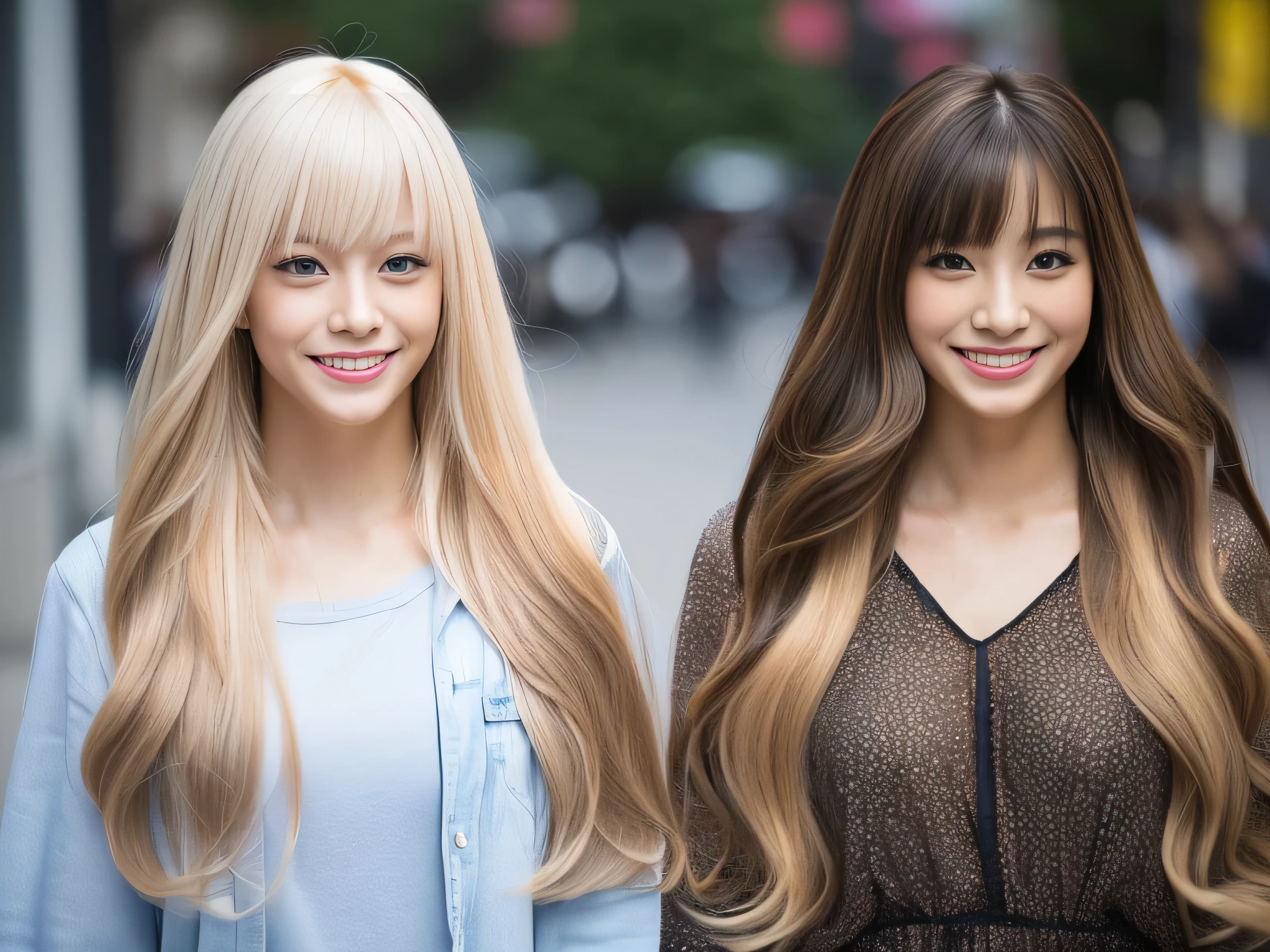 (Above-the-knee shot of two identical twins :1.3) (The two of them are posing together in a fun-looking way.:2.0) (They look happy as they look at each other in a busy street in Japan.) (Their faces are clones Clothes are random Hair color is random) (((Hair color: deep black or light brown:1.5))) ((Beautiful model with long platinum blonde hair, girl with super length Hair, extremely length Hair, extra length Hair, very long, Flowing Hair, very length Hair, length Hair girl, very long, Flowing platinum blonde hair, length Hair windy, very longプラチナブロンドヘア, length, Flowing Hair, length and or curly hair, with length Hair, length Hair!!!! Her highest quality hair is long and 真っ直ぐ or curly hair very long, highest quality platinum blonde, length hair in the center, Highest quality long Straight or curly hair, length, Straight or curly hair, beautiful, High quality platinum blonde hair, length and platinum blonde hair highest quality Straight or curly hair, length Hair, length and Straight or curly hair, highest quality platinum blondeヘア, Perfect silky Straight or curly hair of the highest quality, Straight or curly hair, highest quality platinum blondeヘア, length platinum blonde hair Straight or curly hair, length, Bright platinum blonde hair Her hair is long and Straight or curly hair, very longプラチナブロンドヘア, length hair in the center, length Straight or curly hair, length, Straight or curly hair, beautiful hair of the highest quality, length Hair, length, Straight or curly hairプラチナブロンドヘア , length and free Straight or curly hair Platinum blonde hair, Straight or curly hair Platinum blonde hair)) (Her bangs are perfect.:1.3) (The most beautiful 18-year-old hair model in Japan) ((highest quality)), ((masterpiece)), (Familiar) (Get used to it) Perfect Face (Her skin is a typical French complexion...、And very detailed) (Big Breasts) (She is wearing a light blue skirt and a white blouse.......) (She has a beautiful Japanese face and a typical Japanese figure...., Narrow eyes) (She has perfect beautiful makeup and face Lipstick is light red A solid eyeliner) ((Rich 1.4)) (Extremely detailed 8K) (Ultra-fine skin texture 1.4) (Actual, Vibrant:1.4), double eyelid Sharp focus:1.2、Beautiful woman:1.4 Dynamic Lighting (Genuine RAW photos taken by professional photographers) (Her bangs are perfectly straight.:1.3) Professionally lit from the front (She has a bright and cheerful face)