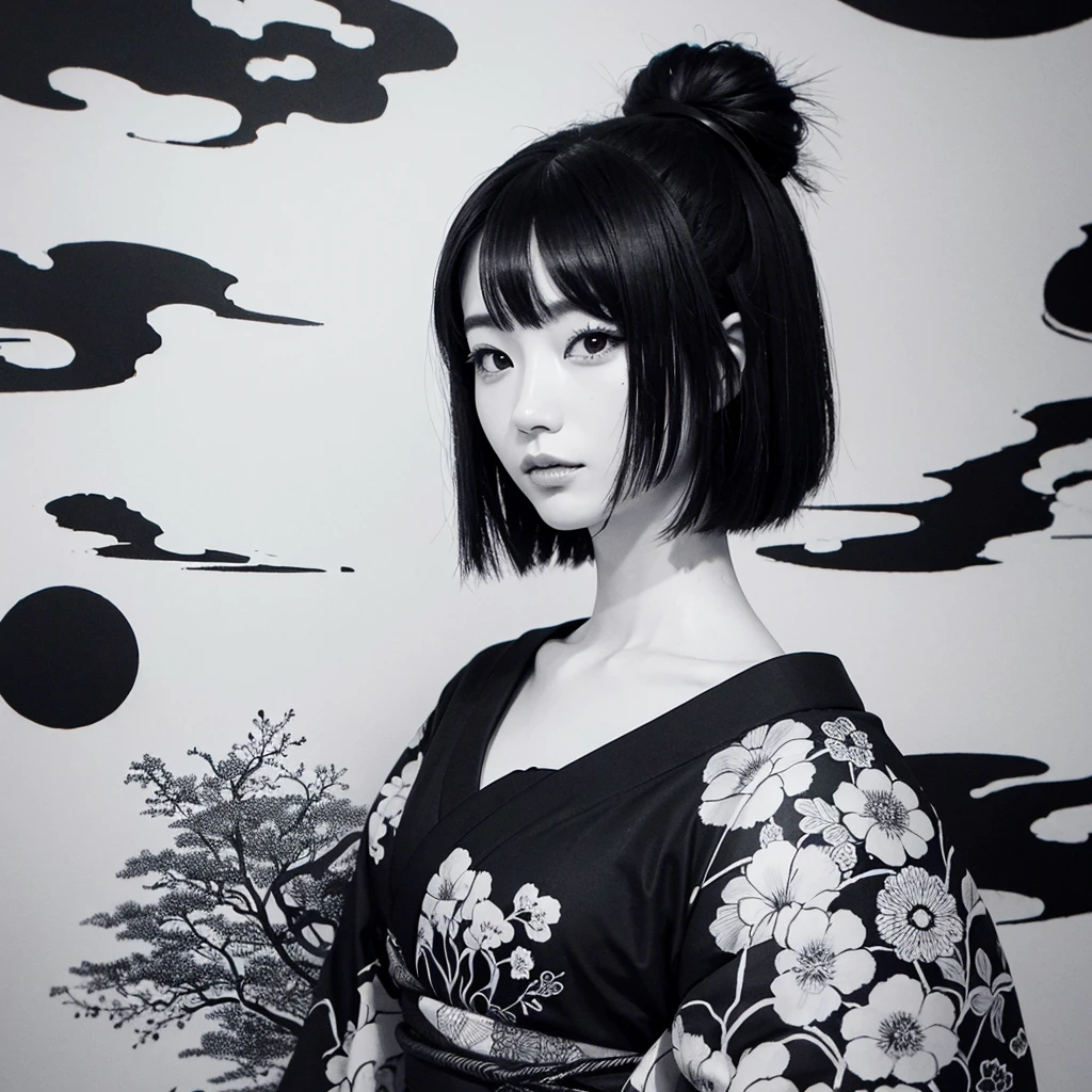 <takeuchiakari> detailed high contrast black sumi-e ink painting, traditional japanese ukiyo-e artwork, girl with round face, kimono, short hair, ornamental hair decoration, white background with japanese kanji calligraphy