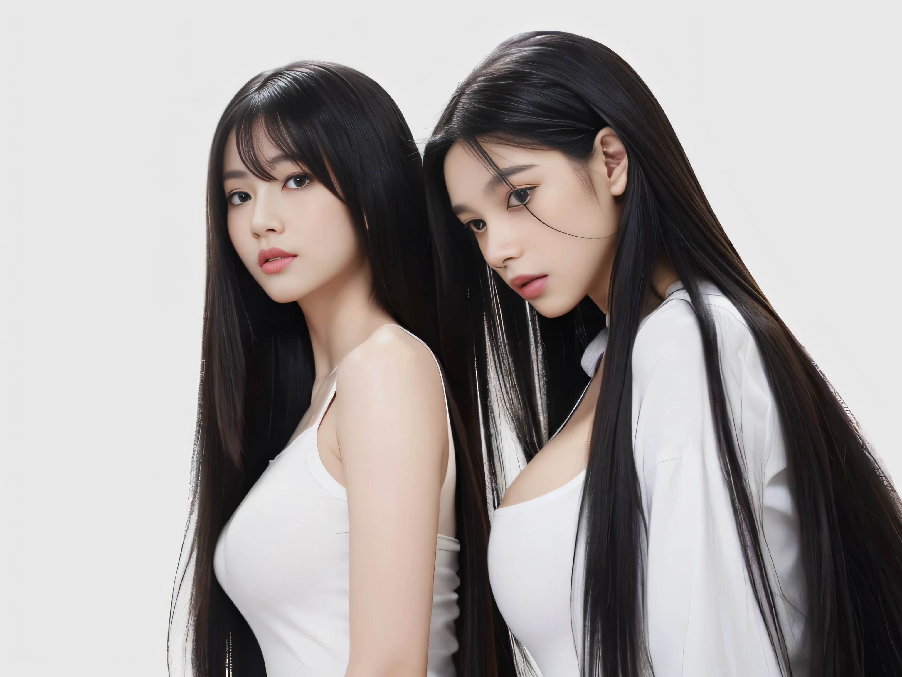 (Two identical twin hair models in the same space, Take the same doggy style pause:1.6) ((Two people taking the same pause on all fours, Shooting from the same angle:2.0)) (The two are identical clones, Wearing the same clothes, Pause, Hairstyle, and appearance.:1.5) ((The two of them try to show off as much hair as possible, Take the same four-legged pause:1.6)) ((Beautiful 24-year-old hair model with long black hair, girl with super length Hair, extremely length Hair, extra length Hair, very long, Flowing Hair, very length Hair, length Hair girl, very long, Flowing black hair, length Hair windy, Very long black hair, length, Flowing Hair,Incredibly long-lasting hair, length Hair!!!! Her highest quality hair is long and straight., very long, highest quality black hair, length hair in the center, Highest quality long straight hair, length, straight, beautiful, High quality hair, length and free black highest quality straight hair, length Hair, length and straight, highest quality black hair, Perfect silky straight hair of the highest quality, straight, highest quality black hair, length black straight hair, length, Thin black hair Her hair is long and straight, very long black hair, length hair in the center, length straight hair, length, straight, beautiful hair of the highest quality, length Hair, length, straight black hair, length and free straight black hair, straight black hair)) (Her bangs are perfect.:1.3) (Pure white wall background:1.8) (Japan's most sexy and beautiful 18-year-old beauty model) (She looks at the viewer with a very seductive expression...) ((highest quality)), ((masterpiece)), (Familiar) (Get used to it) Perfect Face (Her skin is a typical Japanese skin color....、And very detailed) (Big Breasts:1.3) (She has a beautiful face and a typical Japanese figure...., Narrow eyes) (She has perfect beautiful makeup and face Lipstick is light red A solid eyeliner) ((Rich 1.4)) (Extremely detailed 8K) (Ultra-fine skin texture 1.4) (Actual, Vibrant:1.4), double eyelid Sharp focus:1.2、Beautiful woman:1.4 Dynamic Lighting (Genuine RAW photos taken by professional photographers) Professional Hair Shine. (She has a bright and cheerful face) (((途方もなくlengthBlack hair 1.3))) (length, Shiny black hair, その女性はlengthBlack hairをしている, lengthBlack hair, Waist-length hair, very lengthBlack hair, thick shining black hair, black silky hair, length and shiny hair, lengthBlack hair, length, Flat Hair Ridiculously long hair, Black shiny hair, Very shiny, Abnormally long hair, 厚く輝く異常にlengthBlack hair,Jet black silky hair Her hair is とてもlength and straight length, Voluminous black hair that reaches down to her ankles unusually long black hair, unusually long black hair, Very long black hair) (Her face is slim and dignified.., length, Narrow eyes..々Nice face) (They're both wearing the same white lingerie:1.5)