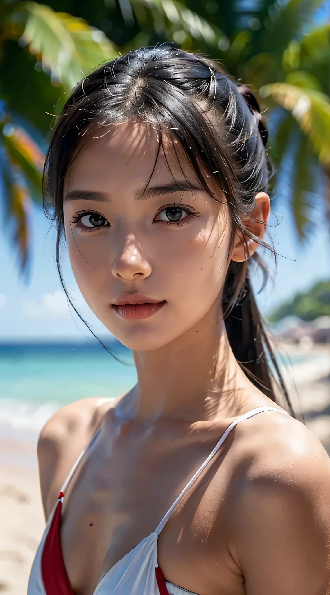 Beach,White bikini swimwear,One woman,fully body photo,masutepiece, The highest image quality, High quality, the background is clear,Beautiful woman, Japanese, Detailed, Detailed eyes, Detailed skin, Beautiful skin, 超hight resolution, (reality: 1.4),Very beautiful woman, Slightly younger face, Beautiful skin, slender, (Ultra photo realsisim), (hight resolution), (8K), (Very detailed) (beautifully detailed eyes), (super detailed), (Detailed face), view the viewer, Fine details, Detailed face, Staring straight ahead, Staring straight ahead, photos realistic, Bright lighting, Professional Lighting, Black hair,poneyTail,a baby face,sixteen years old,Hairstyle: ponytail,Long ponytail hairstyle,slight smile,
