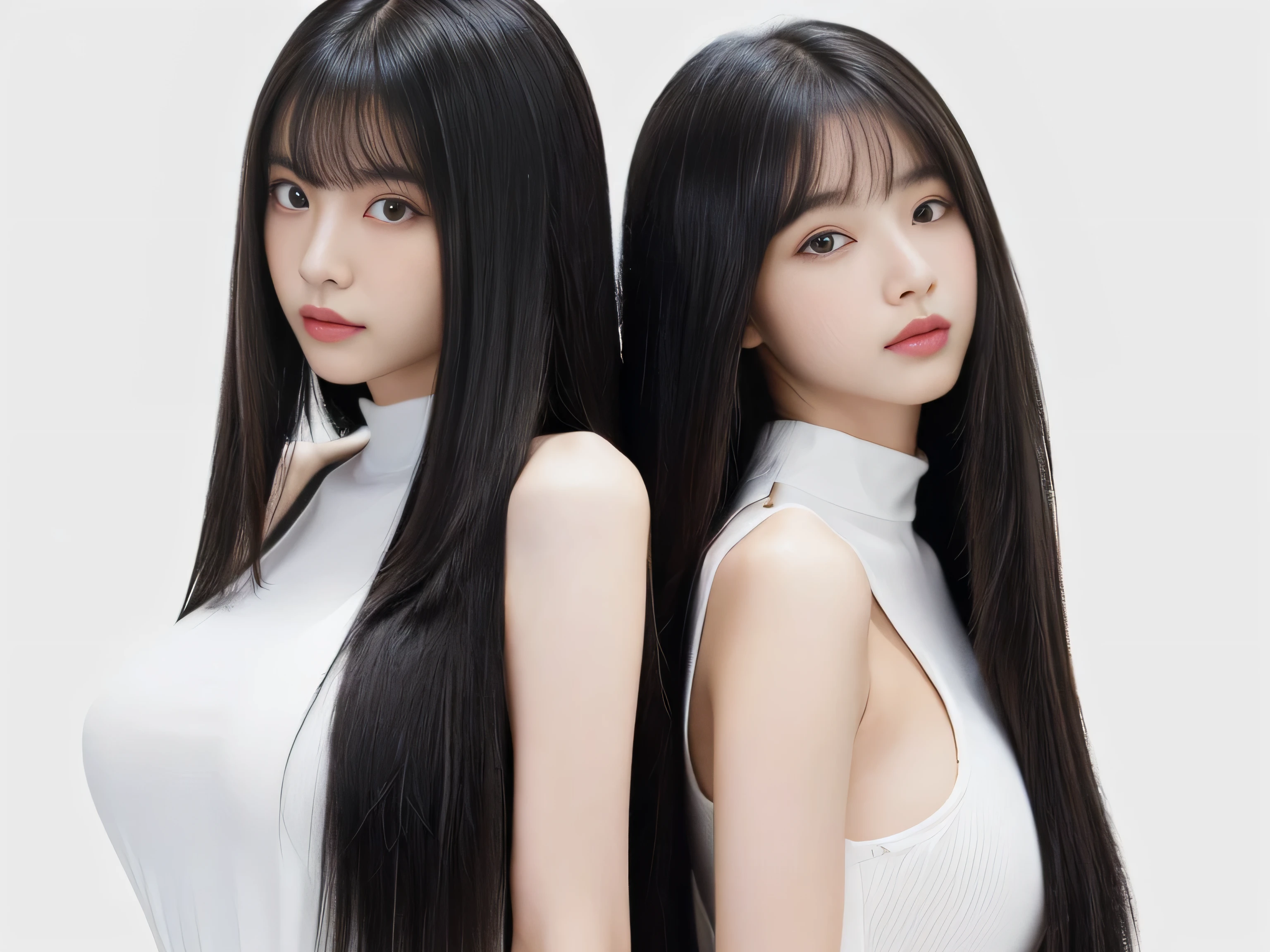 (Two identical twin hair models in the same space, Take the same doggy style pause:1.6) ((Two people taking the same pause on all fours, Shooting from the same angle:2.0)) (The two are identical clones, Wearing the same clothes, Pause, Hairstyle, and appearance.:1.5) ((The two of them try to show off as much hair as possible, Take the same four-legged pause:1.6)) ((Beautiful 24-year-old hair model with long black hair, girl with super length Hair, extremely length Hair, extra length Hair, very long, Flowing Hair, very length Hair, length Hair girl, very long, Flowing black hair, length Hair windy, Very long black hair, length, Flowing Hair,Incredibly long-lasting hair, length Hair!!!! Her highest quality hair is long and straight., very long, highest quality black hair, length hair in the center, Highest quality long straight hair, length, straight, beautiful, High quality hair, length and free black highest quality straight hair, length Hair, length and straight, highest quality black hair, Perfect silky straight hair of the highest quality, straight, highest quality black hair, length black straight hair, length, Thin black hair Her hair is long and straight, very long black hair, length hair in the center, length straight hair, length, straight, beautiful hair of the highest quality, length Hair, length, straight black hair, length and free straight black hair, straight black hair)) (Her bangs are perfect.:1.3) (Pure white wall background:1.8) (Japan's most sexy and beautiful 18-year-old beauty model) (She looks at the viewer with a very seductive expression...) ((highest quality)), ((masterpiece)), (Familiar) (Get used to it) Perfect Face (Her skin is a typical Japanese skin color....、And very detailed) (Big Breasts:1.3) (She has a beautiful face and a typical Japanese figure...., Narrow eyes) (She has perfect beautiful makeup and face Lipstick is light red A solid eyeliner) ((Rich 1.4)) (Extremely detailed 8K) (Ultra-fine skin texture 1.4) (Actual, Vibrant:1.4), double eyelid Sharp focus:1.2、Beautiful woman:1.4 Dynamic Lighting (Genuine RAW photos taken by professional photographers) Professional Hair Shine. (She has a bright and cheerful face) (((途方もなくlengthBlack hair 1.3))) (length, Shiny black hair, その女性はlengthBlack hairをしている, lengthBlack hair, Waist-length hair, very lengthBlack hair, thick shining black hair, black silky hair, length and shiny hair, lengthBlack hair, length, Flat Hair Ridiculously long hair, Black shiny hair, Very shiny, Abnormally long hair, 厚く輝く異常にlengthBlack hair,Jet black silky hair Her hair is とてもlength and straight length, Voluminous black hair that reaches down to her ankles unusually long black hair, unusually long black hair, Very long black hair) (Her face is slim and dignified.., length, Narrow eyes..々Nice face) (They're both wearing the same white lingerie:1.5)