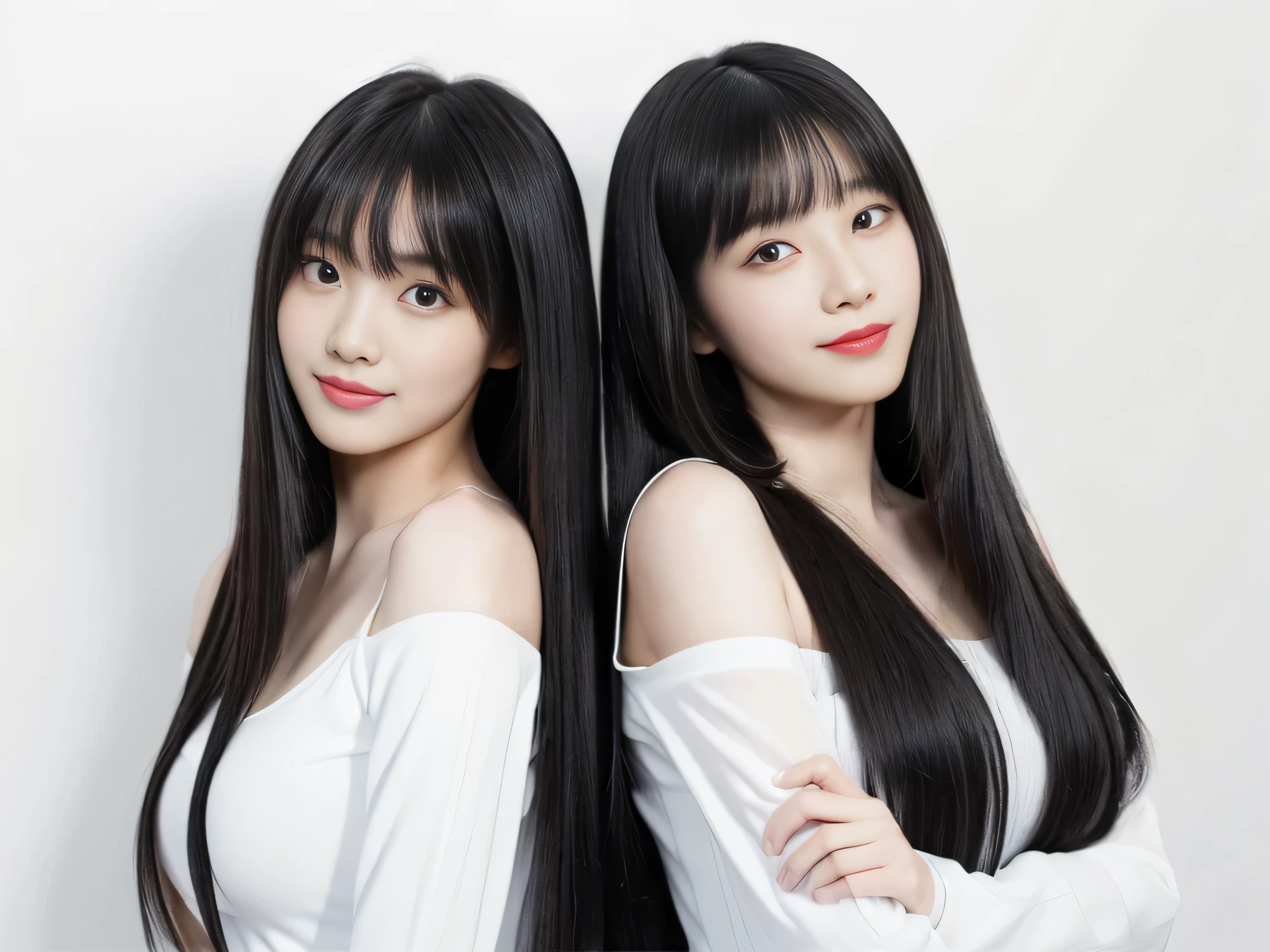 (Above-the-knee shot of two identical twins :1.3) (The two of them are posing together in a fun-looking way.:2.0) (They look happy as they look at each other in a busy street in Japan.) (Their faces are clones Clothes are random Hair color is random) ((Beautiful 24-year-old hair model with long black hair, girl with super length Hair, extremely length Hair, extra length Hair, very long, Flowing Hair, very length Hair, length Hair girl, very long, Flowing black hair, length Hair windy, Very long black hair, length, Flowing Hair,Incredibly long-lasting hair, length Hair!!!! Her highest quality hair is long and straight., very long, highest quality black hair, length hair in the center, Highest quality long straight hair, length, straight, beautiful, High quality hair, length and free black highest quality straight hair, length Hair, length and straight, highest quality black hair, Perfect silky straight hair of the highest quality, straight, highest quality black hair, length black straight hair, length, Thin black hair Her hair is long and straight, very long black hair, length hair in the center, length straight hair, length, straight, beautiful hair of the highest quality, length Hair, length, straight black hair, length and free straight black hair, straight black hair)) (Her bangs are perfect.:1.3) (Pure white wall background:1.8) (Japan's most sexy and beautiful 18-year-old beauty model) (She looks at the viewer with a very seductive expression...) ((highest quality)), ((masterpiece)), (Familiar) (Get used to it) Perfect Face (Her skin is a typical Japanese skin color....、And very detailed) (Big Breasts:1.3) (She has a beautiful face and a typical Japanese figure...., Narrow eyes) (She has perfect beautiful makeup and face Lipstick is light red A solid eyeliner) ((Rich 1.4)) (Extremely detailed 8K) (Ultra-fine skin texture 1.4) (Actual, Vibrant:1.4), double eyelid Sharp focus:1.2、Beautiful woman:1.4 Dynamic Lighting (Genuine RAW photos taken by professional photographers) Professional Hair Shine. (She has a bright and cheerful face) (((途方もなくlengthBlack hair 1.3))) (length, Shiny black hair, その女性はlengthBlack hairをしている, lengthBlack hair, Waist-length hair, very lengthBlack hair, thick shining black hair, black silky hair, length and shiny hair, lengthBlack hair, length, Flat Hair Ridiculously long hair, Black shiny hair, Very shiny, Abnormally long hair, 厚く輝く異常にlengthBlack hair,Jet black silky hair Her hair is とてもlength and straight length, Voluminous black hair that reaches down to her ankles unusually long black hair, unusually long black hair, Very long black hair) (Her face is slim and dignified.., length, Narrow eyes..々Nice face) (The two of them are wearing sexy silk camisole dresses.:1.5)