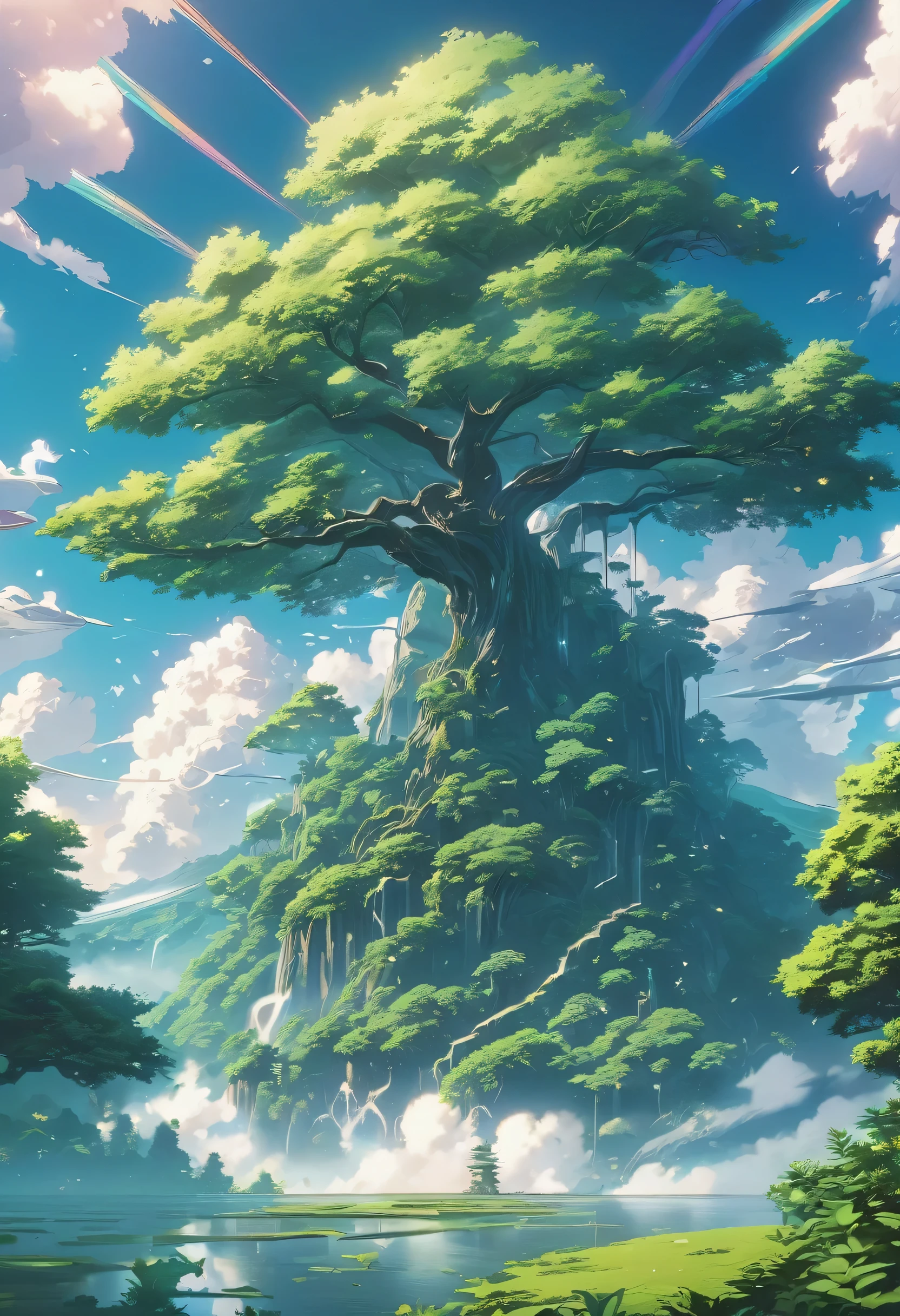 A breathtaking fantasy landscape, featuring towering lush trees, a beautiful sky adorned with mesmerizing clouds, and an anime-style, artistic rendering, wide angel shoot, stunning. The enchanting scene is captured in 8K resolution