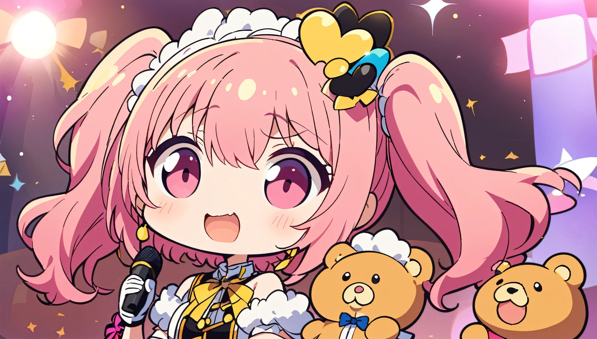 One character、white、Pink hair、Idol Costumes、（（One character））、（（whole body））、Round face、fluffy(highest quality、masterpiece、High resolution、detailed)、Anime Style、One idol,whole body引き画像