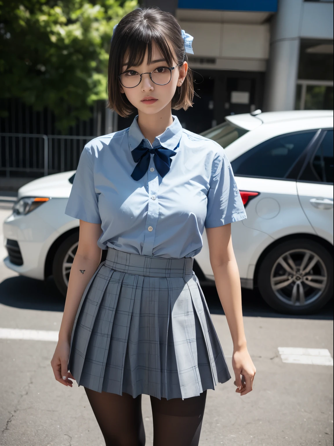 (8K、Raw photography、top-quality、masterpiece:1.2),(bob cuts),cocky,School,watching at viewers,Looking at the front,Muchimuchi,Erotic,Pupils,(Light Blue Bra,Bras showing through shirts),de pele branca,kne,(Black pantyhose),absurderes,a small face,,flat breast,Parting the bangs from the middle、Forehead visible,(a cold expression,Tight eyes,glares,Bullish,skinny,Rasping,irate)、masterpiece,top-quality、超A high resolution,Raw photo,ren,Beautiful fece,One Person, solo,eye glass,,Dark look,Small breasts,fullllbody,Round glasses、cute little,JK ,hi-school girl,A Japanese Lady,is standing,(Photorealsitic:1.37)、Photon mapping,Realistic、Beautie,Cute little face,Brown-eyed、Black socks、(Red bow tie)、Radio City、Physically Based Rendering、depth of fields、Blurry background、a picture,Body,s girl,beauty legs, Long legs, Thin leg,(Bangs are visible), hair, s lips, Blue_The eye, nosesoft,(Light blue shirt), (Navy and blue and white plaid pleated skirt), Knees are visible,Sheer clothing,, Thigh, Black cotton socks,Nogizaka Idol, , Japanese ido