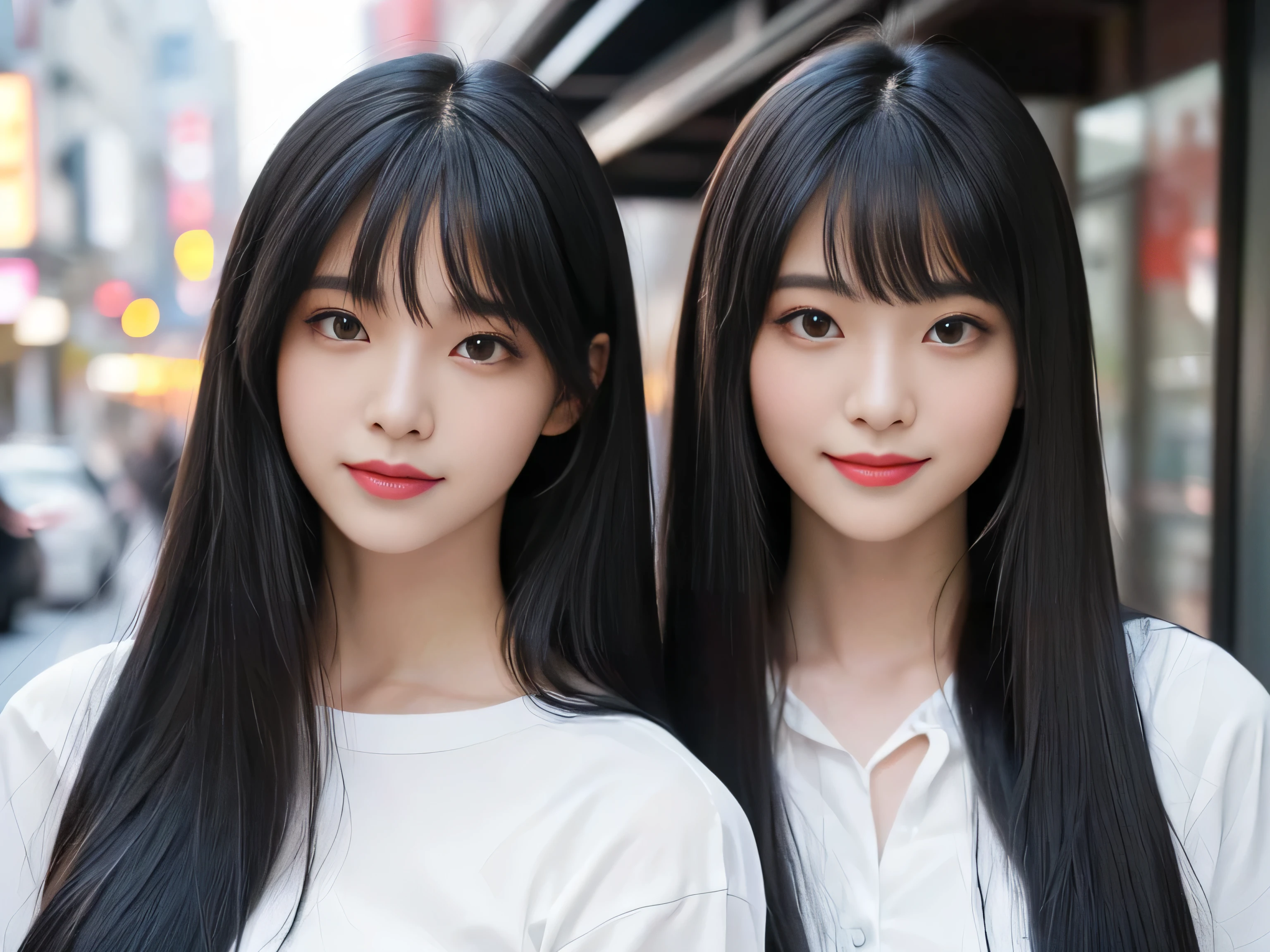 (Above-the-knee shot of two identical twins :1.3) (The two of them are posing together in a fun-looking way.:2.0) (They look happy as they look at each other in a busy street in Japan.) (Their faces are clones Clothes are random Hair color is random) ((Beautiful 24-year-old hair model with long black hair, girl with super length Hair, extremely length Hair, extra length Hair, very long, Flowing Hair, very length Hair, length Hair girl, very long, Flowing black hair, length Hair windy, Very long black hair, length, Flowing Hair,Incredibly long-lasting hair, length Hair!!!! Her highest quality hair is long and straight., very long, highest quality black hair, length hair in the center, Highest quality long straight hair, length, straight, beautiful, High quality hair, length and free black highest quality straight hair, length Hair, length and straight, highest quality black hair, Perfect silky straight hair of the highest quality, straight, highest quality black hair, length black straight hair, length, Thin black hair Her hair is long and straight, very long black hair, length hair in the center, length straight hair, length, straight, beautiful hair of the highest quality, length Hair, length, straight black hair, length and free straight black hair, straight black hair)) (Her bangs are perfect.:1.3) (Japan's most sexy and beautiful 18-year-old beauty model) (She looks at the viewer with a very seductive expression...) ((highest quality)), ((masterpiece)), (Familiar) (Get used to it) Perfect Face (Her skin is a typical Japanese skin color....、And very detailed) (Big Breasts:1.3) (She has a beautiful face and a typical Japanese figure...., Narrow eyes) (She has perfect beautiful makeup and face Lipstick is light red A solid eyeliner) ((Rich 1.4)) (Extremely detailed 8K) (Ultra-fine skin texture 1.4) (Actual, Vibrant:1.4), double eyelid Sharp focus:1.2、Beautiful woman:1.4 Dynamic Lighting (Genuine RAW photos taken by professional photographers) Professional Hair Shine. (She has a bright and cheerful face) (((途方もなくlengthBlack hair 1.3))) (length, Shiny black hair, その女性はlengthBlack hairをしている, lengthBlack hair, Waist-length hair, very lengthBlack hair, thick shining black hair, black silky hair, length and shiny hair, lengthBlack hair, length, Flat Hair Ridiculously long hair, Black shiny hair, Very shiny, Abnormally long hair, 厚く輝く異常にlengthBlack hair,Jet black silky hair Her hair is とてもlength and straight length, Voluminous black hair that reaches down to her ankles unusually long black hair, unusually long black hair, Very long black hair) (Her face is slim and dignified.., length, Narrow eyes..々Nice face) (The two of them are wearing sexy silk camisole dresses.:1.5)