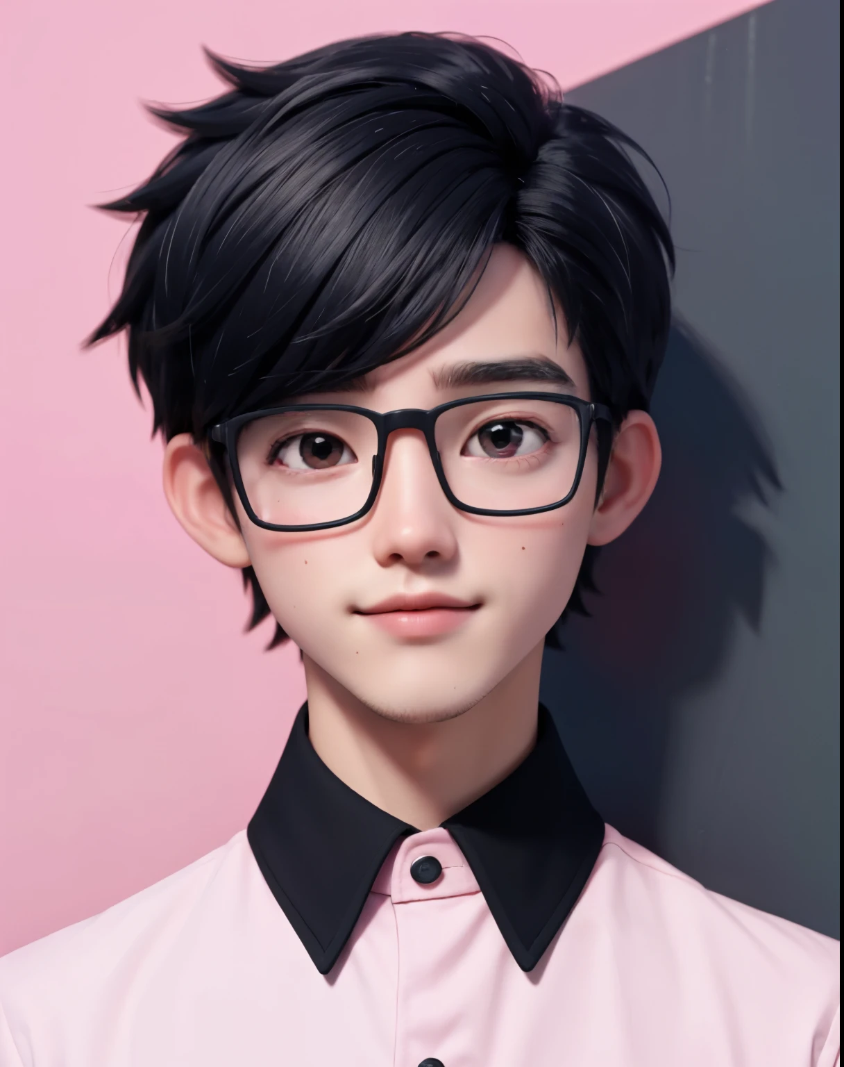 best quality, 1boy, solo, cartoon portrait , simple background, short hair, pink lips, black hair, clouts suit black and white , black cooling glass and in the wall name Pathmes