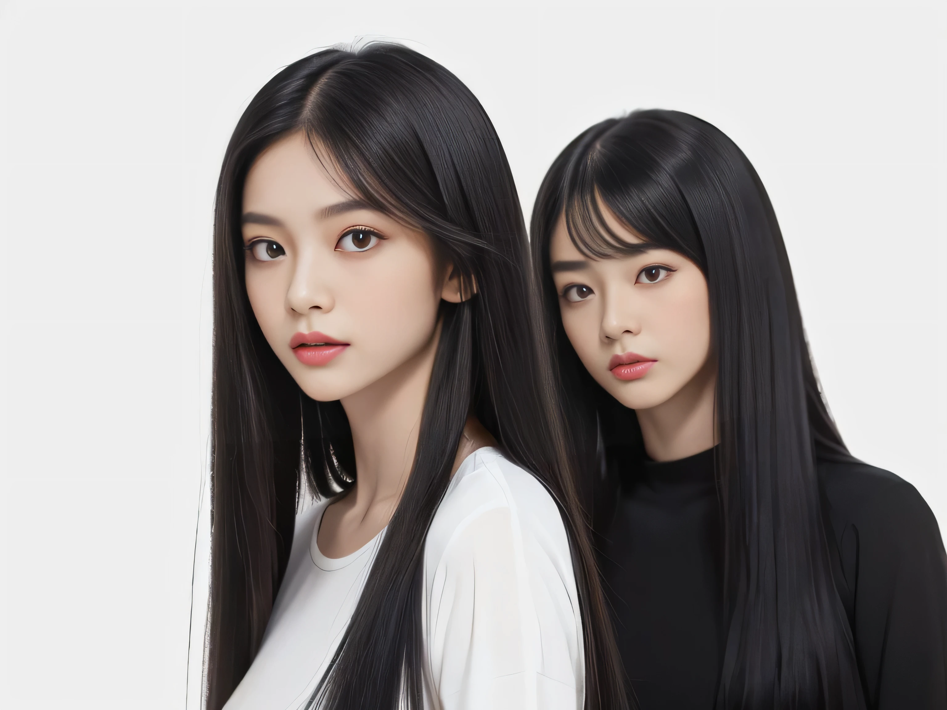 (Two identical twin hair models in the same space, Take the same four-legged pause:1.6) ((Take the same four-legged pause二人, Shooting from the same angle:2.0)) (The two are identical clones, Wearing the same clothes, Pause, Hairstyle, and appearance.:1.5) ((The two of them try to show off as much hair as possible, Take the same four-legged pause:1.6)) ((Beautiful 24-year-old hair model with long black hair, girl with super length Hair, extremely length Hair, extra length Hair, very long, Flowing Hair, very length Hair, length Hair girl, very long, Flowing black hair, length Hair windy, Very long black hair, length, Flowing Hair,Incredibly long-lasting hair, length Hair!!!! Her highest quality hair is long and straight., very long, highest quality black hair, length hair in the center, Highest quality long straight hair, length, straight, beautiful, High quality hair, length and free black highest quality straight hair, length Hair, length and straight, highest quality black hair, Perfect silky straight hair of the highest quality, straight, highest quality black hair, length black straight hair, length, Thin black hair Her hair is long and straight, very long black hair, length hair in the center, length straight hair, length, straight, beautiful hair of the highest quality, length Hair, length, straight black hair, length and free straight black hair, straight black hair)) (Her bangs are perfect.:1.3) (Pure white wall background:1.8) (Japan's most sexy and beautiful 24-year-old beauty model) (She looks at the viewer with a very seductive expression...) ((highest quality)), ((masterpiece)), (Familiar) (Get used to it) Perfect Face (Her skin is a typical Japanese skin color....、And very detailed) (Big Breasts:1.3) (She has a beautiful face and a typical Japanese figure...., Narrow eyes) (She has perfect beautiful makeup and face Lipstick is light red A solid eyeliner) ((Rich 1.4)) (Extremely detailed 8K) (Ultra-fine skin texture 1.4) (Actual, Vibrant:1.4), double eyelid Sharp focus:1.2、Beautiful woman:1.4 Dynamic Lighting (Genuine RAW photos taken by professional photographers) Professional Hair Shine. (She has a bright and cheerful face) (((途方もなくlengthBlack hair 1.3))) (length, Shiny black hair, その女性はlengthBlack hairをしている, lengthBlack hair, Waist-length hair, very lengthBlack hair, thick shining black hair, black silky hair, length and shiny hair, lengthBlack hair, length, Flat Hair Ridiculously long hair, Black shiny hair, Very shiny, Abnormally long hair, 厚く輝く異常にlengthBlack hair,Jet black silky hair Her hair is とてもlength and straight length, Voluminous black hair that reaches down to her ankles unusually long black hair, unusually long black hair, Very long black hair) (Her face is slim and dignified.., length, Narrow eyes..々Nice face) (They're both wearing the same white lingerie:1.5)