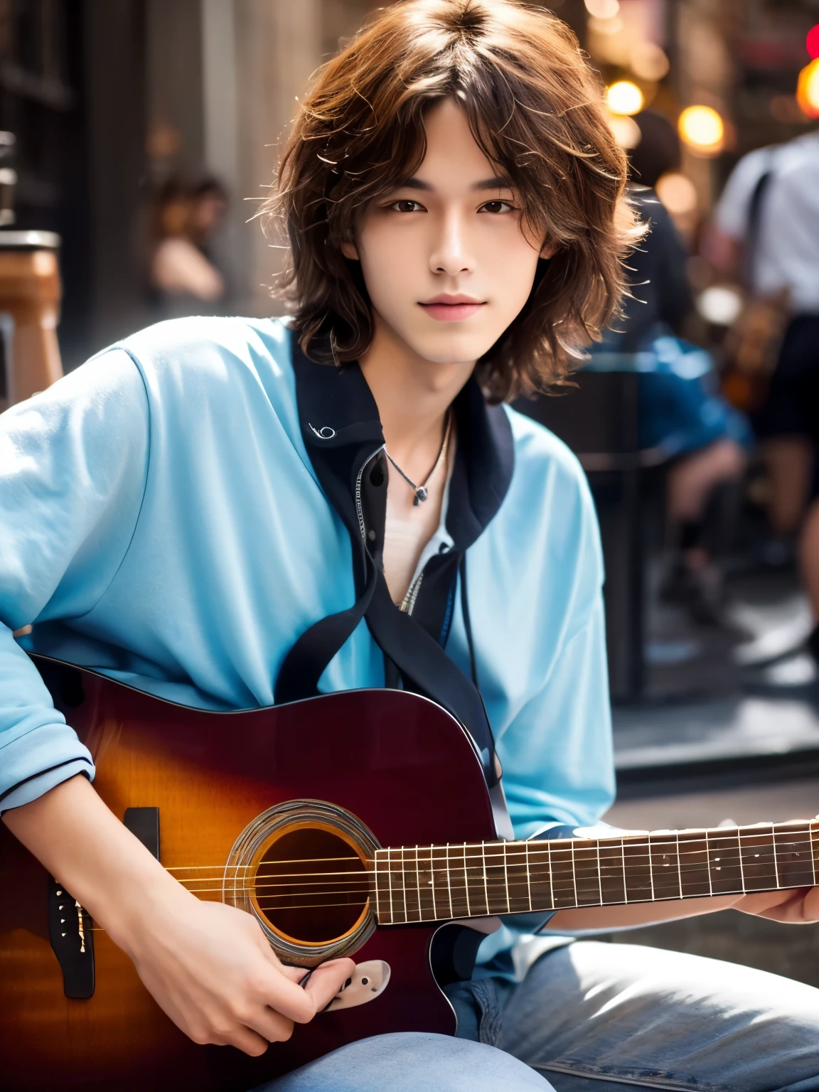Photorealistic, 8k full body portrait, good looking, 20-year-old male, attractive appearance, Facial details, Manhattan, New York、((play the guitar:1.2))
