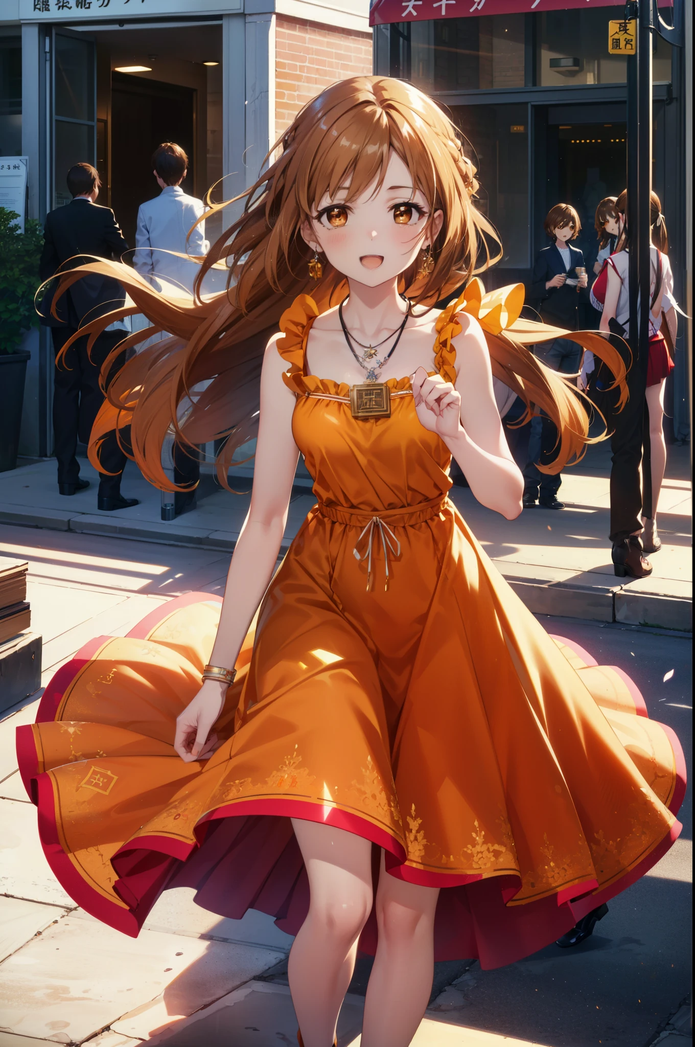 a sun ayuuki, a sun a yuuki, Long Hair, Brown Hair, (Brown eyes:1.8)Medium chest,happy smile, smile, Open your mouth,Locket Necklace,Red sleeveless dress,Red long skirt,Cute heeled sandals,True Summer,Daytime,Clear skies,whole bodyがイラストに入るように,
break outdoors, In town,Building district,crowd, people々々,
break looking at viewer, whole body,
break (masterpiece:1.2), highest quality, High resolution, unity 8k wallpaper, (figure:0.8), (Beautiful fine details:1.6), Highly detailed face, Perfect lighting, Highly detailed CG, (Perfect hands, Perfect Anatomy),