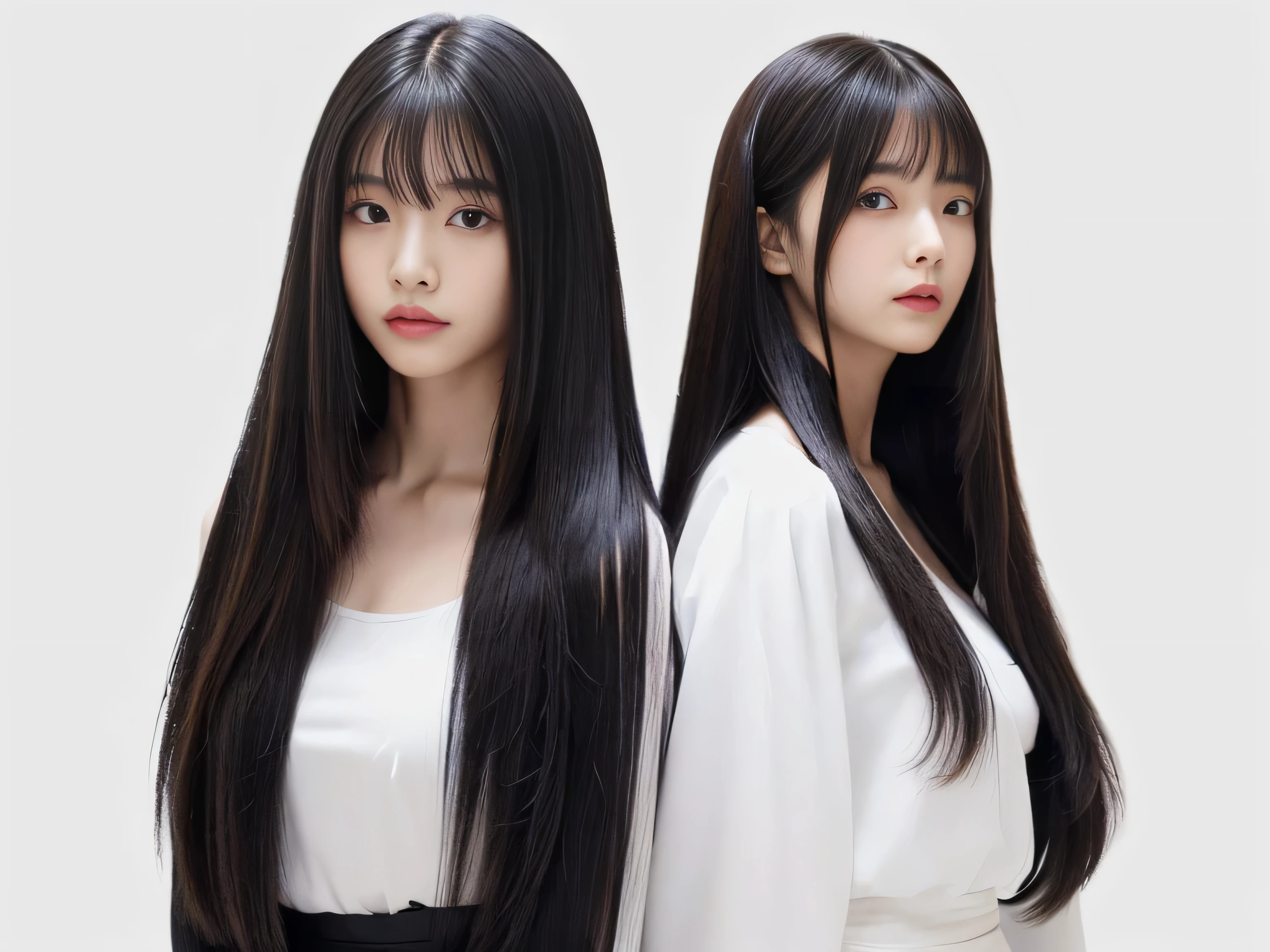 (Two identical twin hair models in the same space, Take the same four-legged pause:2.0)　((Two people taking the same pause on all fours, Shooting from the same angle:2.0))　(The two are identical clones, Wearing the same clothes, Pause, Hairstyle, and appearance.:1.5)　((The two of them try to show off as much hair as possible, Take the same four-legged pause:1.6))　((Beautiful 24-year-old hair model with long black hair, girl with super length Hair, extremely length Hair, extra length Hair, very long, Flowing Hair, very length Hair, length Hair girl, very long, Flowing black hair, length Hair windy, Very long black hair, length, Flowing Hair,Incredibly long-lasting hair, length Hair!!!!　Her highest quality hair is long and straight., very long, highest quality black hair, length hair in the center, Highest quality long straight hair, length, straight, beautiful, High quality hair, length and free black highest quality straight hair, length Hair, length and straight, highest quality black hair, Perfect silky straight hair of the highest quality, straight, highest quality black hair, length black straight hair, length, Thin black hair　Her hair is long and straight, very long black hair, length hair in the center, length straight hair, length, straight, beautiful hair of the highest quality, length Hair, length, straight black hair, length and free straight black hair, straight black hair))　(Her bangs are perfect.:1.3)　(Pure white wall background:1.8)　(Japan&#39;s most sexy and beautiful 18-year-old beauty model)　(She looks at the viewer with a very seductive expression...)　((highest quality)), ((masterpiece)), (Familiar)　(Get used to it)　Perfect Face　　(Her skin is a typical Japanese skin color....、And very detailed)　　(Big Breasts:1.3)　(She has a beautiful face and a typical Japanese figure...., Narrow eyes)　(She has perfect beautiful makeup and face　Lipstick is light red　A solid eyeliner)　((Rich 1.4))　(Extremely detailed 8K)　(Ultra-fine skin texture 1.4)　(Actual, Vibrant:1.4), double eyelid　Sharp focus:1.2、Beautiful woman:1.4　Dynamic Lighting　(Genuine RAW photos taken by professional photographers)　　Professional Hair Shine.　(She has a bright and cheerful face)　　(((途方もなくlengthBlack hair 1.3)))　(length, Shiny black hair, その女性はlengthBlack hairをしている, lengthBlack hair, Waist-length hair, very lengthBlack hair, thick shining black hair, black silky hair, length and shiny hair, lengthBlack hair, length, Flat Hair　Ridiculously long hair, Black shiny hair, Very shiny, Abnormally long hair, 厚く輝く異常にlengthBlack hair,Jet black silky hair　Her hair is とてもlength and straight　length, Voluminous black hair that reaches down to her ankles　unusually long black hair, unusually long black hair, Very long black hair)　(Her face is slim and dignified.., length, Narrow eyes..々Nice face)　(They&#39;re both wearing the same white lingerie:1.5)