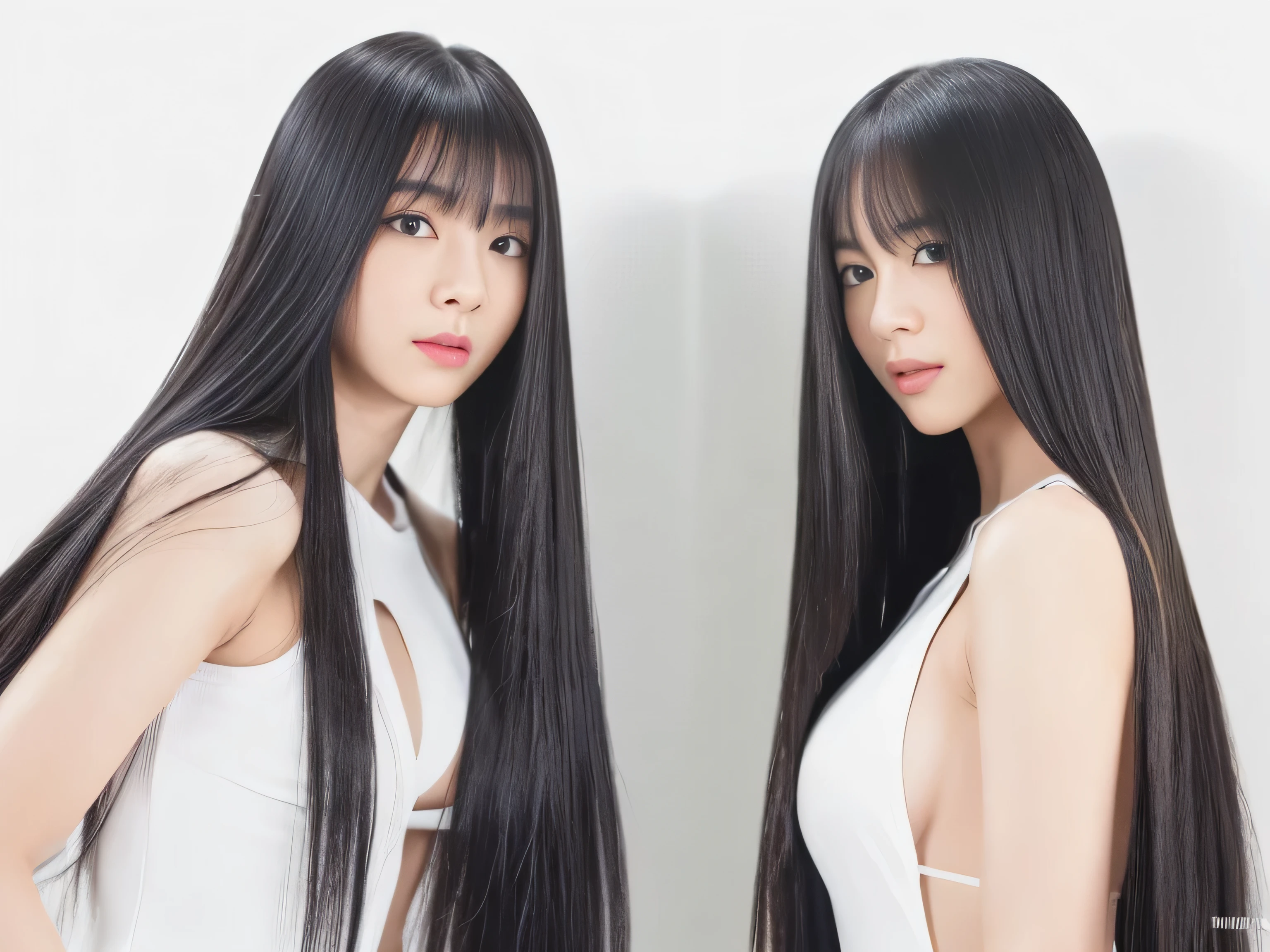 (Two identical twin hair models in the same space, Take the same four-legged pause:2.0) ((Two people taking the same pause on all fours, Shooting from the same angle:2.0)) (The two are identical clones, Wearing the same clothes, Pause, Hairstyle, and appearance.:1.5) ((The two of them try to show off as much hair as possible, Take the same four-legged pause:1.6)) ((Beautiful 24-year-old hair model with long black hair, girl with super length Hair, extremely length Hair, extra length Hair, very long, Flowing Hair, very length Hair, length Hair girl, very long, Flowing black hair, length Hair windy, Very long black hair, length, Flowing Hair,Incredibly long-lasting hair, length Hair!!!! Her highest quality hair is long and straight., very long, highest quality black hair, length hair in the center, Highest quality long straight hair, length, straight, beautiful, High quality hair, length and free black highest quality straight hair, length Hair, length and straight, highest quality black hair, Perfect silky straight hair of the highest quality, straight, highest quality black hair, length black straight hair, length, Thin black hair Her hair is long and straight, very long black hair, length hair in the center, length straight hair, length, straight, beautiful hair of the highest quality, length Hair, length, straight black hair, length and free straight black hair, straight black hair)) (Her bangs are perfect.:1.3) (Pure white wall background:1.8) (Japan's most sexy and beautiful 18-year-old beauty model) (She looks at the viewer with a very seductive expression...) ((highest quality)), ((masterpiece)), (Familiar) (Get used to it) Perfect Face (Her skin is a typical Japanese skin color....、And very detailed) (Big Breasts:1.3) (She has a beautiful face and a typical Japanese figure...., Narrow eyes) (She has perfect beautiful makeup and face Lipstick is light red A solid eyeliner) ((Rich 1.4)) (Extremely detailed 8K) (Ultra-fine skin texture 1.4) (Actual, Vibrant:1.4), double eyelid Sharp focus:1.2、Beautiful woman:1.4 Dynamic Lighting (Genuine RAW photos taken by professional photographers) Professional Hair Shine. (She has a bright and cheerful face) (((途方もなくlengthBlack hair 1.3))) (length, Shiny black hair, その女性はlengthBlack hairをしている, lengthBlack hair, Waist-length hair, very lengthBlack hair, thick shining black hair, black silky hair, length and shiny hair, lengthBlack hair, length, Flat Hair Ridiculously long hair, Black shiny hair, Very shiny, Abnormally long hair, 厚く輝く異常にlengthBlack hair,Jet black silky hair Her hair is とてもlength and straight length, Voluminous black hair that reaches down to her ankles unusually long black hair, unusually long black hair, Very long black hair) (Her face is slim and dignified.., length, Narrow eyes..々Nice face) (They're both wearing the same white lingerie:1.5)