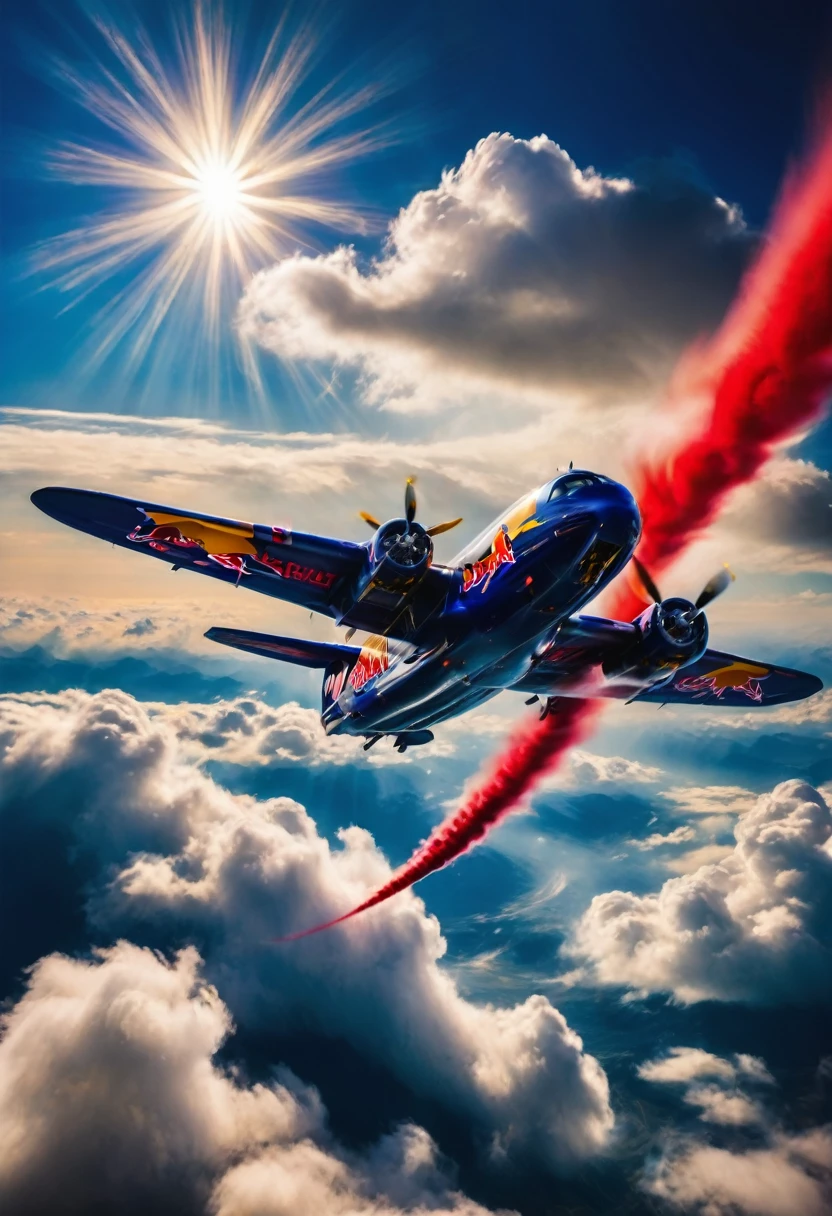 The picture shows a dynamically flying Red Bull Air Raicer looping and trailing vapour trails, cloudy, sunny, blue sky, backlight, glistening light,