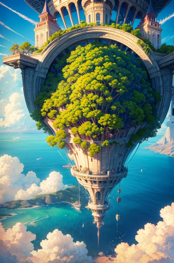 many islands suspended in the sky,Many blimps flying around, City, fantasy, Miraculous plant growth, Extreme details, realistic light, Epic creation, (Intricate details), (Complex design, Ultra Detail :1.2), Art Station, (masterpiece, best quality), Ultra HD, 32k --v 6