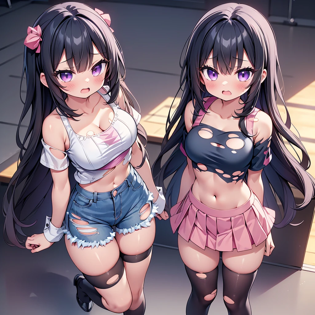 (8K、Best image quality、highest quality、masterpiece)、Detailed face、(2 girls, Black Hair, Purple Eyes, long hair)、Improve、 (magical pink girl outfit,frill mini skirt:1.2), (skinny body), (huge breasts:1.1), (cleavage cutout), (crop top navel), (Underboob), (torn clothes:1.8), (torn shirt:1.8), (open mouth), (embarrassed), Classroom Background, (black stockings:1.2), (Thighs:1.2), (Waistline), (from above:1.2)