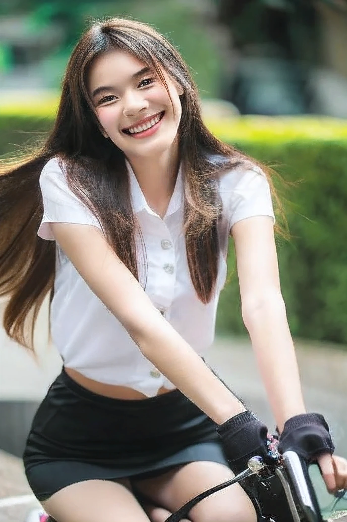 1 girl in,Thai girl,18 year old girl, student, Big tits, very cute,(Hassle-free hands),(brown eyes),(Smiling mouth),(sexual contact),(smooth),(legs without straining),Student set,Astride a motorcycle, green Kawasaki, During the day, Good proportions, Anatomy 1.5