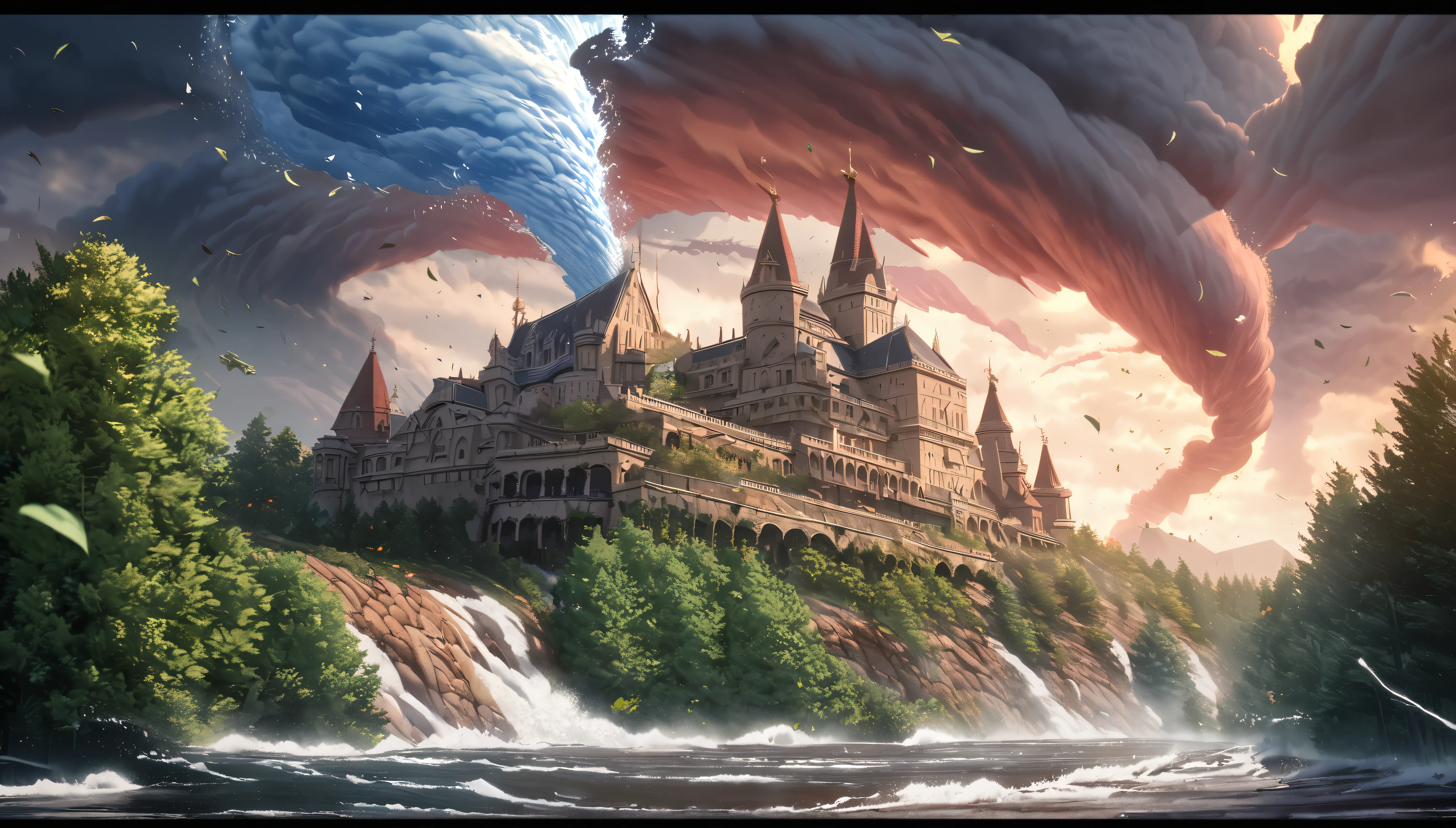 (No People), summer, giant roal fantasy castle with a spherical roof, red, red tiled roof, perfect architecture, rich castle of the queen, catastrophe aestetics, leaves floating in the air, light yellow brick walls, forest arond the castle, big green trees with beautifl leaves, huge tornado aproching the castle, ice tornado near the castle, anime aestetics, catastrophe, perfect tornado shape, strong wind, epic moment, wide shot, from side, highres, best quality, high quality, UHD, masterpiece, 4K, 8k