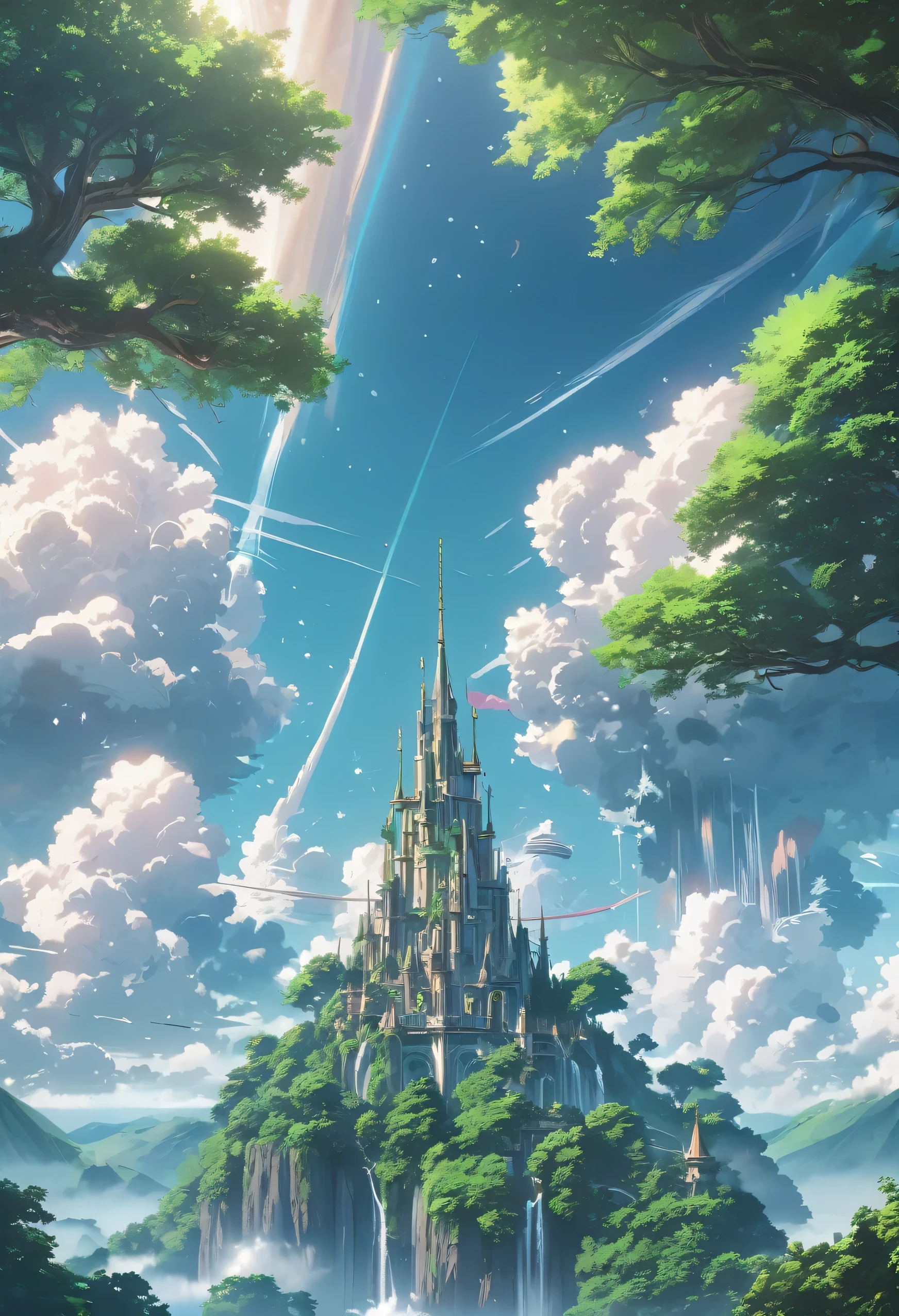 A breathtaking fantasy landscape, featuring towering lush trees, a beautiful sky adorned with mesmerizing clouds, and an anime-style, artistic rendering, wide angel shoot, stunning. The enchanting scene is captured in 8K resolution