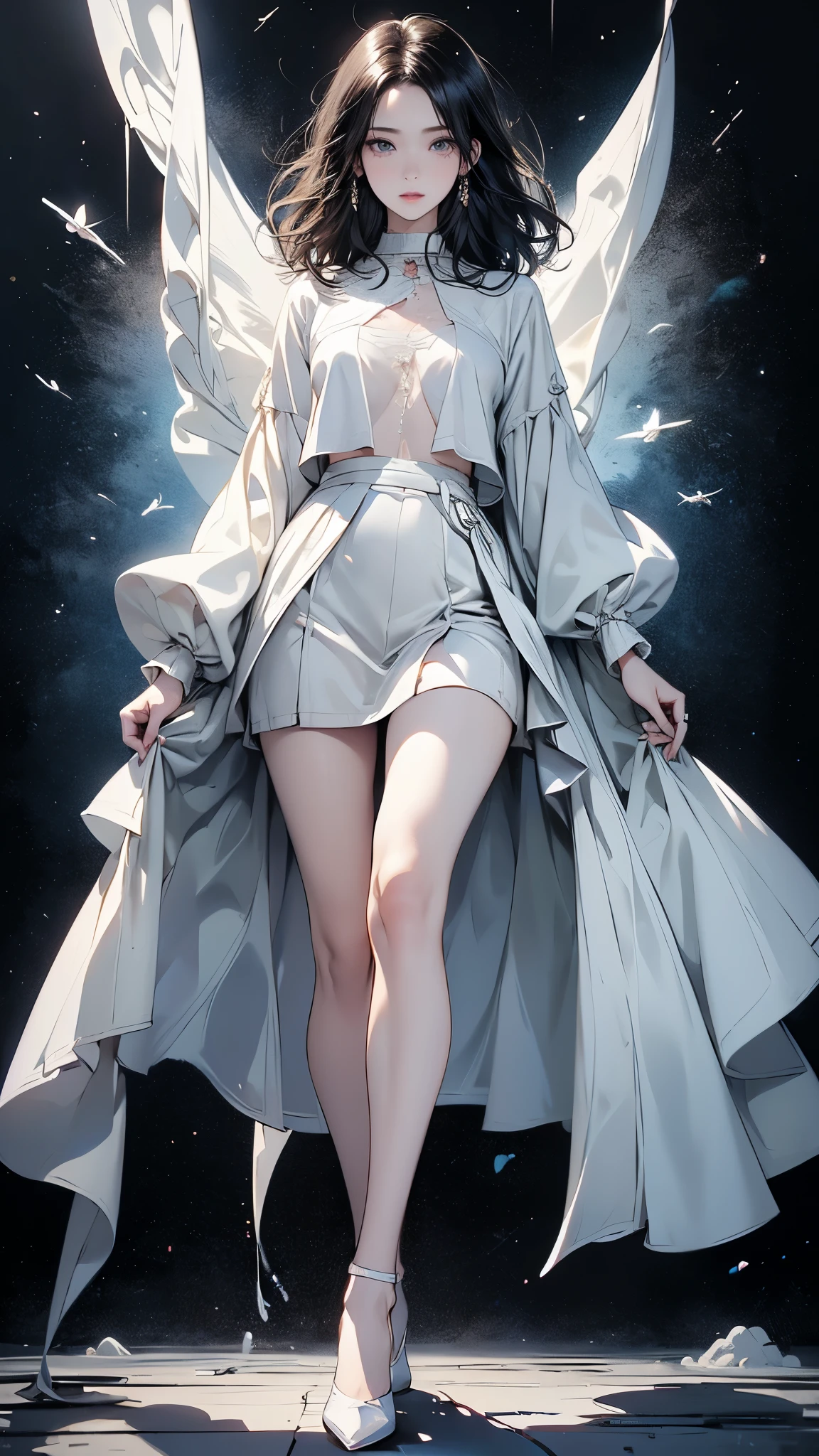 ((Biologically correct limb count))、(( A full-body illustration from toes to face))、4K、Masterpiece、((Eyes with delicate depictions、Detailed depiction of faces、Focus on the face))、((Symmetrical, well-proportioned facial features))、Beautiful woman、Outstanding style、Beautiful clavicle、Beautiful legs、Beautiful Hands、Slender Body、(shirt、skirt、High heels)、Looking up、High angle、The background is the urban area、((Walking posture))、Black Hair、