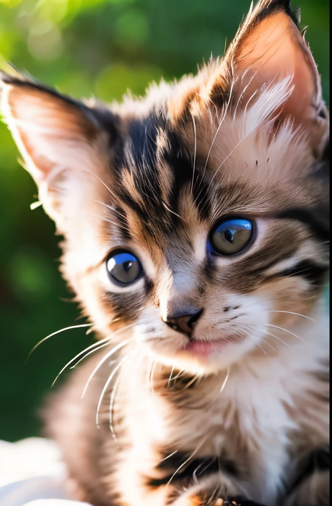 (Realistic: 1.4), (highest quality: 1.4), Ultra-high resolution, ((kitten)),(Cute gestures),((Three-haired cat)),Wide eyes,Highly detailed face,(Outdoor),8k resolution