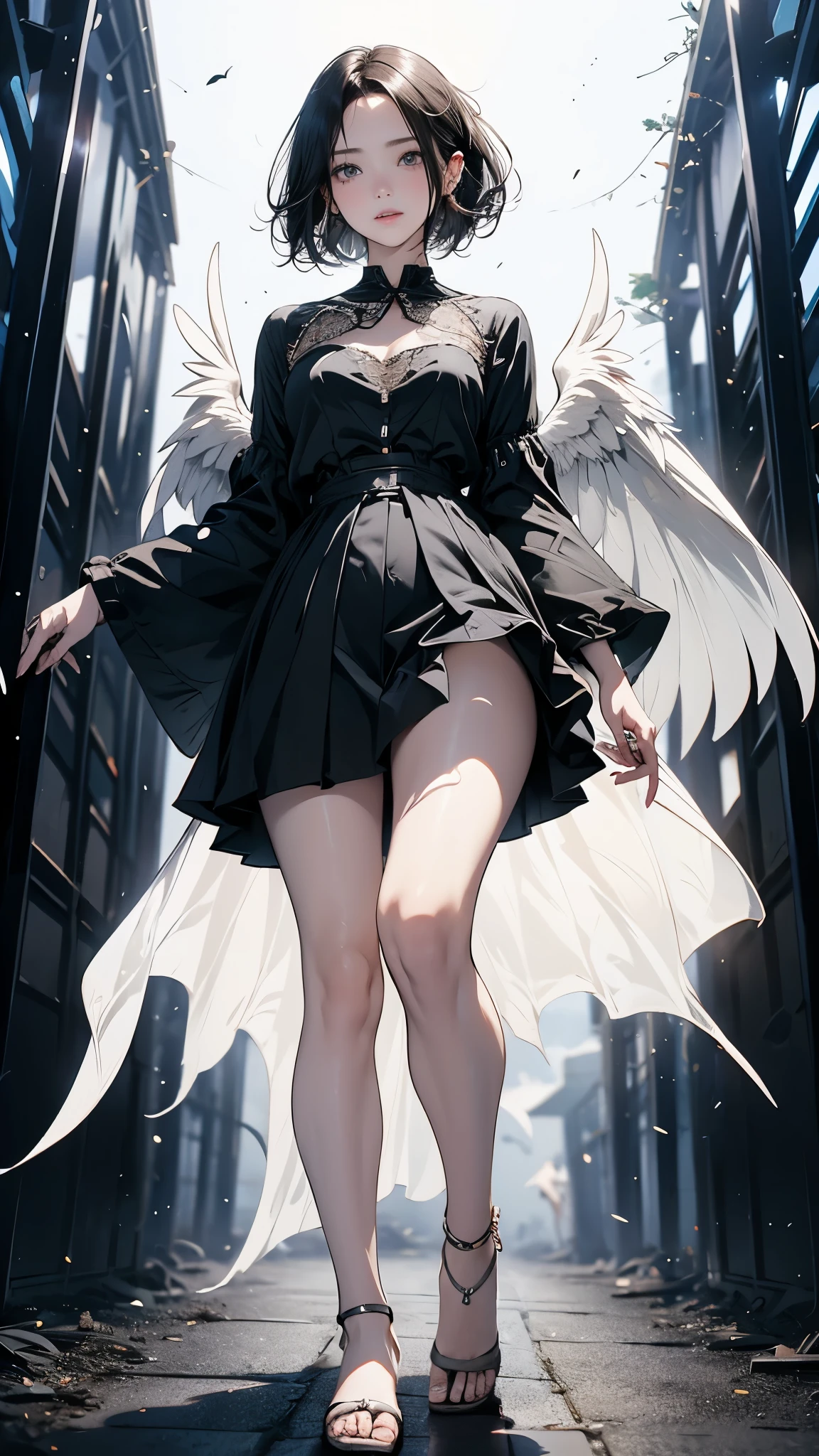 ((Biologically correct limb count))、(( A full-body illustration from toes to face))、4K、Masterpiece、((Eyes with delicate depictions、Detailed depiction of faces、Focus on the face))、((Symmetrical, well-proportioned facial features))、Beautiful woman、Outstanding style、Beautiful clavicle、Beautiful legs、Beautiful Hands、Slender Body、(shirt、skirt、High heels)、Looking up、High angle、The background is the urban area、((Walking posture))、Black Hair、