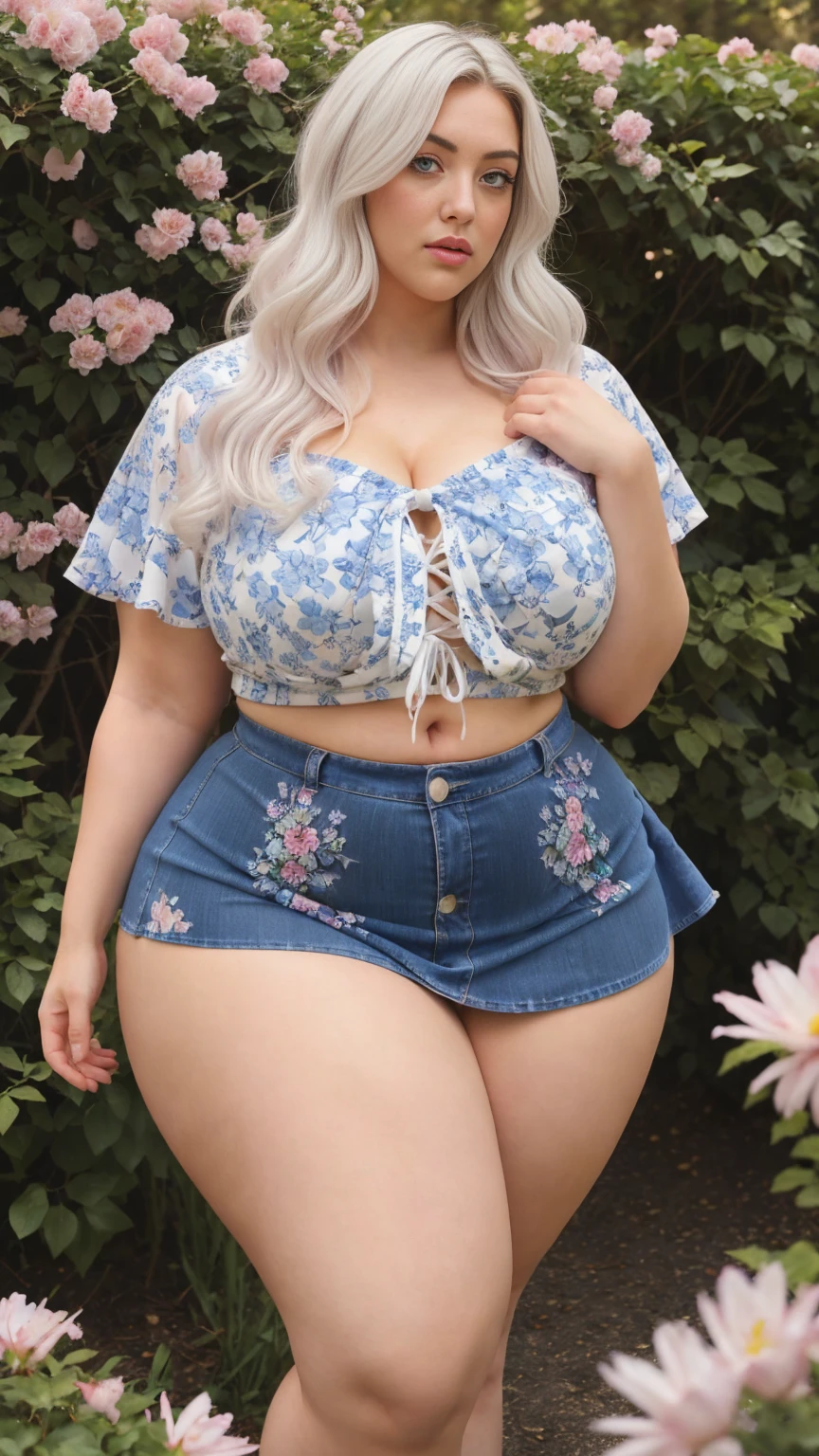 realistic, 1 american gorgeous curvy plus size woman natalia lozano , white hair, blue eyes, glowing eyes, crop top, skirt, parted lips, blush, night, flowers, sun, sunlight, thick thighs, bigger waist, curvy plus size body, full body, close body shot, hourglass body