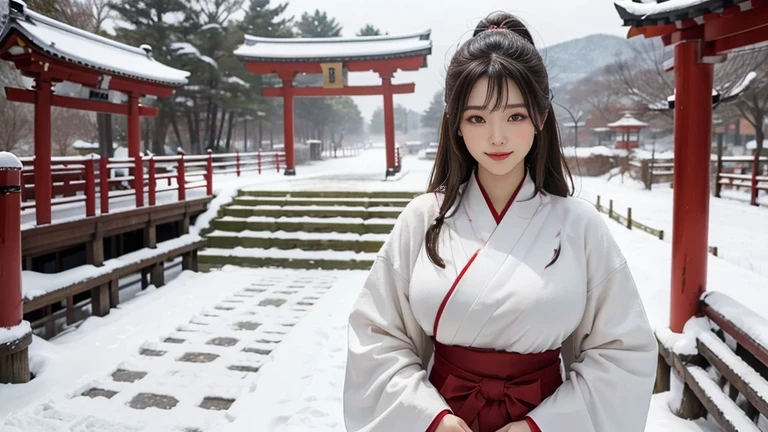 shrine、Sunny winter weather、The leaves wither and fall、Snow Scene、Snow covered plants、Japanese Clothing、Plain white kimono、The skirt part is red、Miko、Standing in front of the torii gate with the shrine behind、 Sakimi-chan,, Nice and cute, An innocent smile, , nice smile、 Big Breasts、,(A big bust that seems to burst:1.20),(beautiful Big Breasts 1:1)、Brown Hair、Brown Hairの髪、Beautiful Eyes、ponytail
