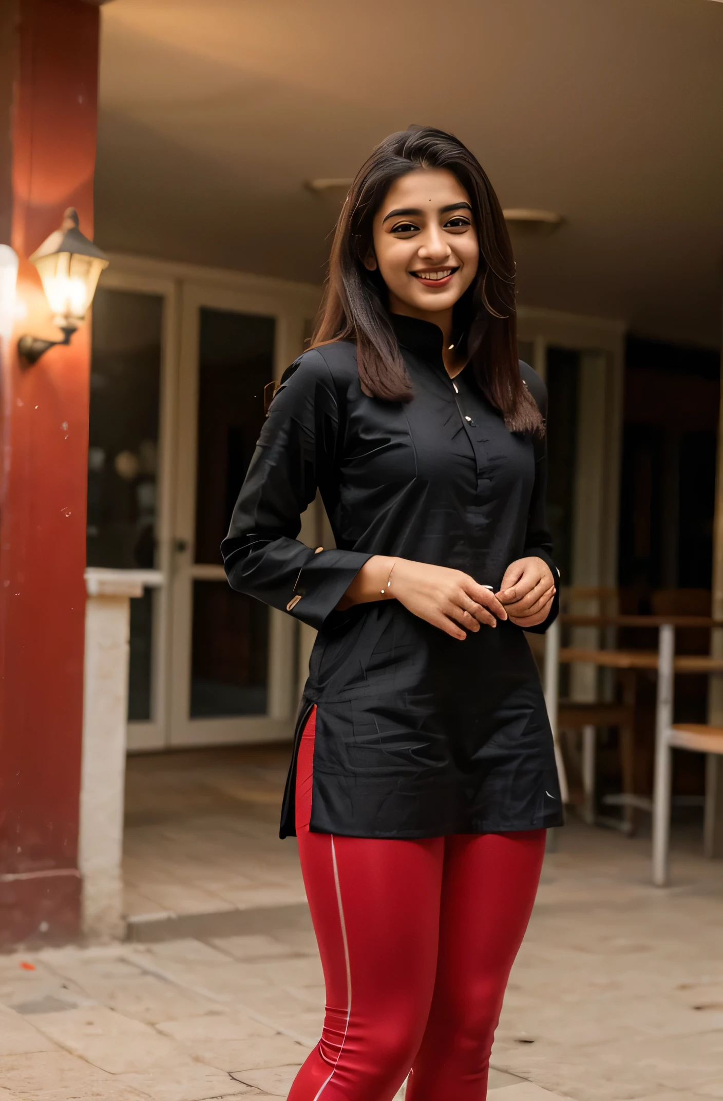 21 yo Indian women Ananya Pandey wearing (red colour leggings) (black colour kurti) cute smiling pose , looking George's ,figure view ,perfect anatomy , realistic ,realism,4x ultra sharp, 4k