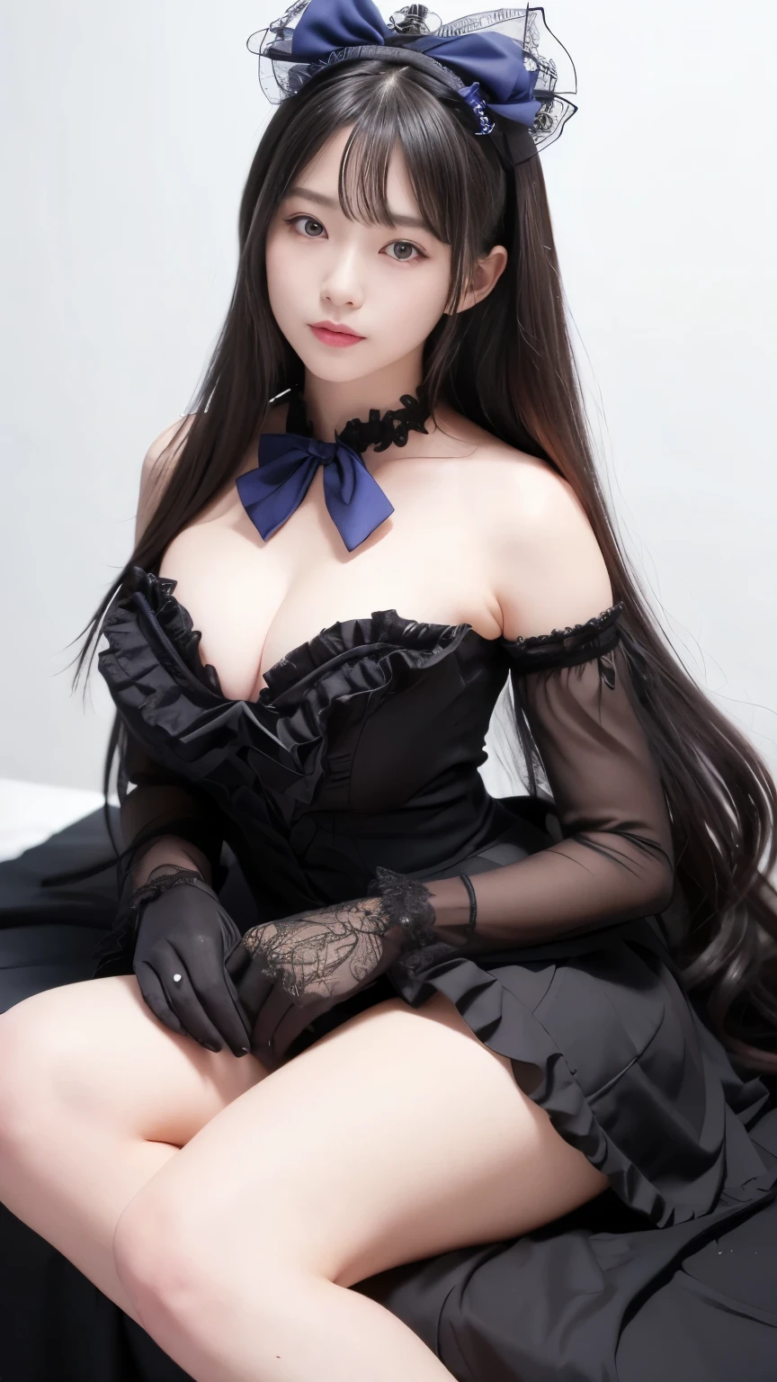 Korean, Realistic, artwork, final detail, photo Realistic, intricate detail, octane rendering, 8K, 2girl, full body, perfect face, pretty face, , reference, hair detail, black bow, black gloves, black legs, blue eyes, blue hair, bow, collarbone, dress, sticking hair, ruffles, ruffles, gloves, headdress, high resolution, long hair, parted lips, puffed sleeves, purple eyes, smile, alone, white dress, oily skin,