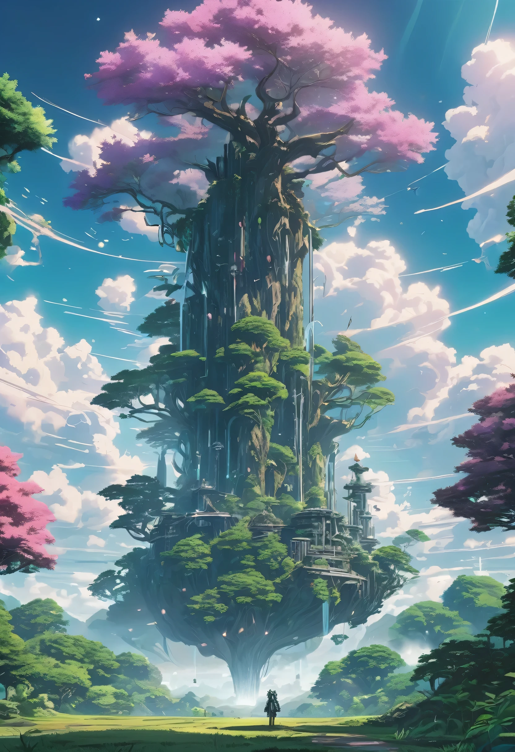 A breathtaking fantasy landscape, featuring towering lush trees, a beautiful sky adorned with mesmerizing clouds, robot carcasses, and an anime-style, artistic rendering, wide angel shoot, stunning. The enchanting scene is captured in 8K resolution