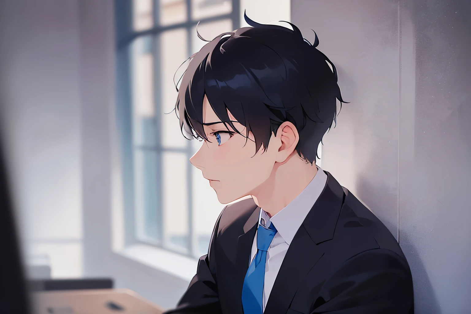 side angle, (looking away:1.5), upper body、masterpiece、highest quality、(25-year-old male:1.5) and (Black short hair) and (blue eyes), (Wearing a suit:1.5) and (White collared shirt) and (Blue tie)、Sitting、Serious expression、The background is the office、(Alone:1.5)