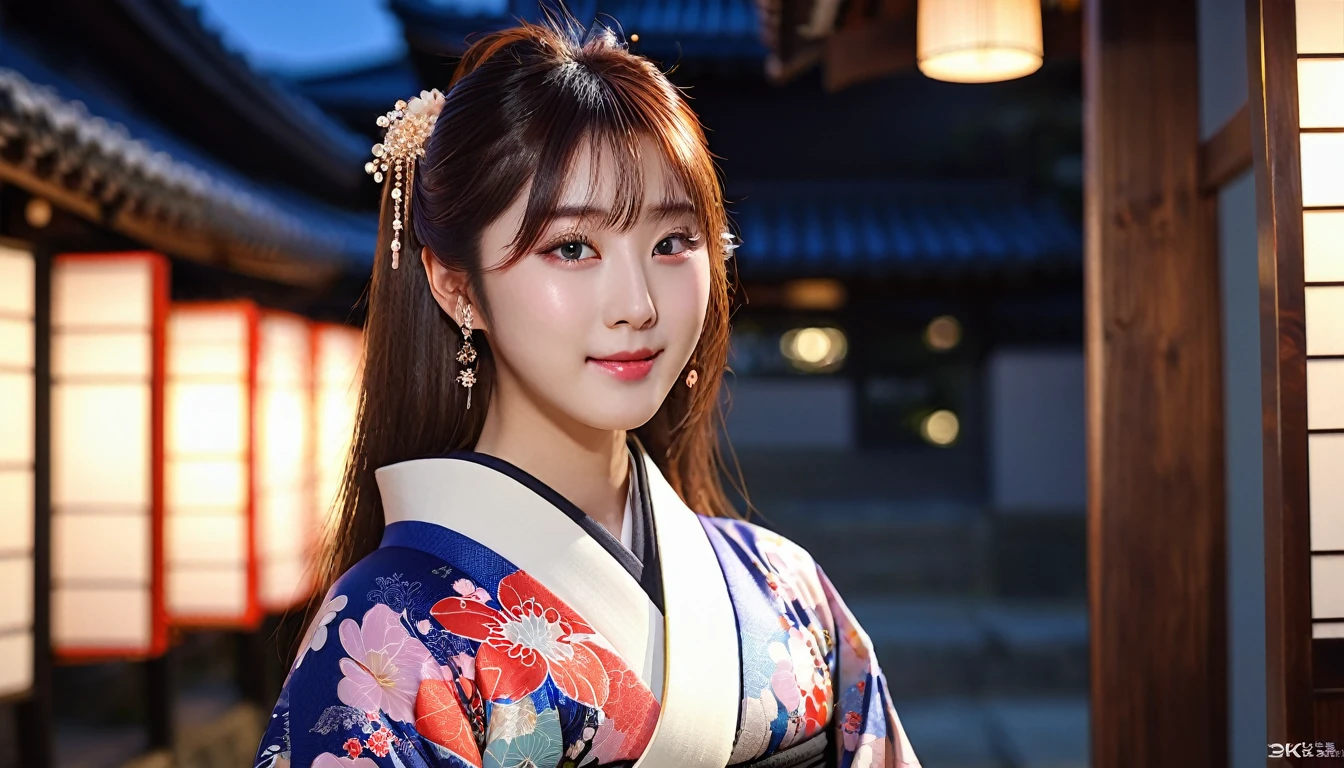masterpiece、1 beautiful girl、Detailed eyes、Puffy eyes、highest quality, 超A high resolution, (reality: 1.4), Cinema Lighting、Japanese、Asian Beauty、so beautiful、Beautiful Skin、thin、Body facing forward、(超reality的な)、(High resolution)、(8k)、(Very detailed)、(beautiful Detailed eyess)、(Very detailed)、 (wall-)、Detailed face、Bright lighting、Professional Lighting、Looking at the audience、Look straight ahead、Japanese style kimono、Long Hair, Beautiful Hair, Asymmetrical bangs, 、Night view、Brown Hair、Japanese Idols、Korean Idols、Fiery idol pose、、21 years old、expensive, smile, City of night、