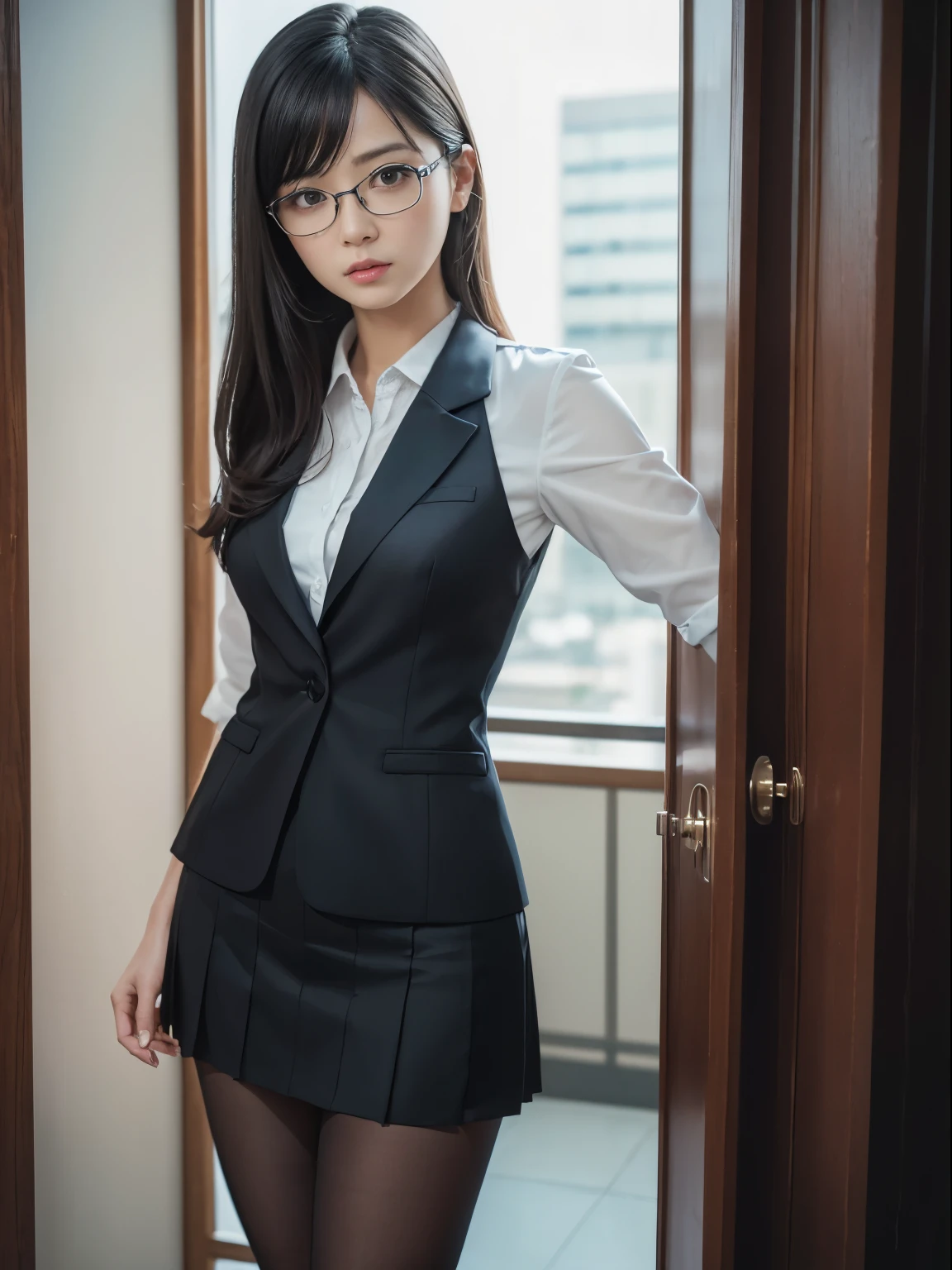 alone、solo、OL in her 20s in office uniform posing for a photo、(Black Pantyhose)、victory、Tsundere、Single knot、OL、suit、blue mini skirt、anger、small、Glasses、slim girl model photo、physical:the smallest middle-aged man in history、female model、Japanese female fashion model、(8k、RAW photo、highest quality、masterpiece:1.2)、(real、photorealistic:1.37)、Super detailed、Ultra high definition、office Street、 standing position、whole body、((((SEXY)))