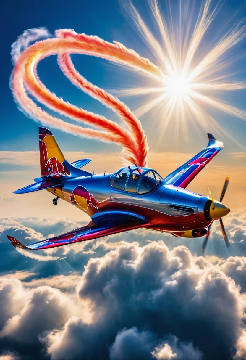 The picture shows a dynamically flying Red Bull Zivko Edge 540 looping and trailing vapour trails, cloudy, sunny, blue sky, backlight, glistening light,