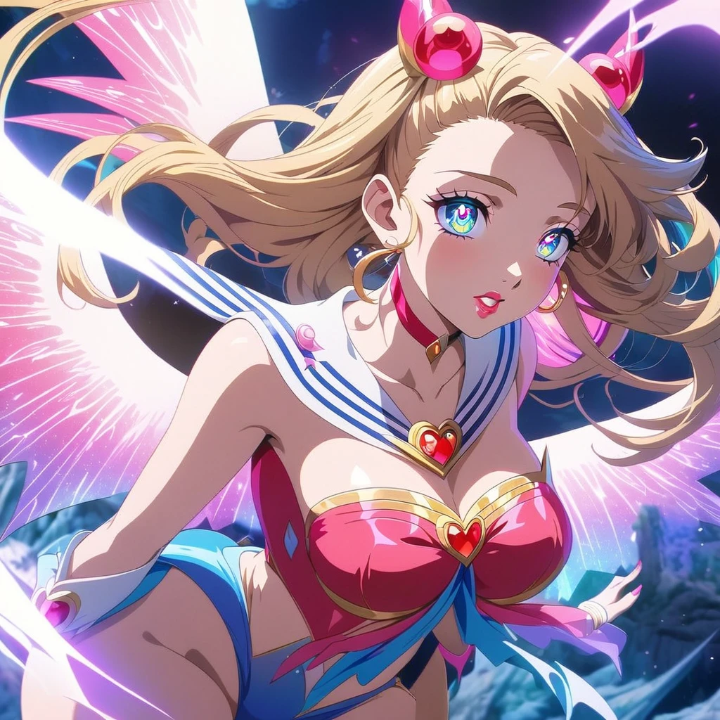 Sexy sailor moon, playful heroic poses, summons power, defeat evil monsters, vibrant colors, beautiful detailed eyes, beautiful detailed lips, extremely detailed eyes and face, long eyelashes, anime style, fantasy style, glowing magical aura, surreal lighting, dynamic movement, vibrant costume, moonlight background