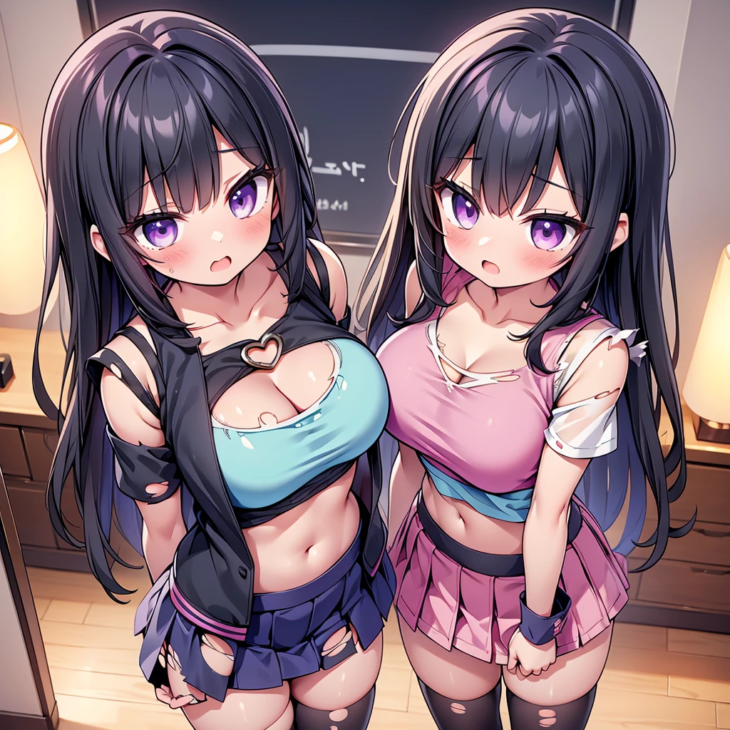 (8K、Best image quality、highest quality、masterpiece)、Detailed face、(2 girls, Black Hair, Purple Eyes, long hair)、Improve、 (magical pink girl outfit,frill mini skirt:1.2), (skinny body), (huge breasts:1.1), (cleavage cutout:1.2), (crop top navel:1.2), (Underboob:1.2), (torn clothes:1.8), (torn shirt:1.8), (open mouth), (embarrassed), Classroom Background, (black stockings:1.2), (Thighs:1.2), (Waistline), (from above:1.2)