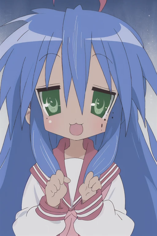lucky star, masterpiece, best quality, 1girl, mole under eye, mole, ryouou , solo, , serafuku, long hair, green eyes, blue hair, parody, :3, ahoge front view,