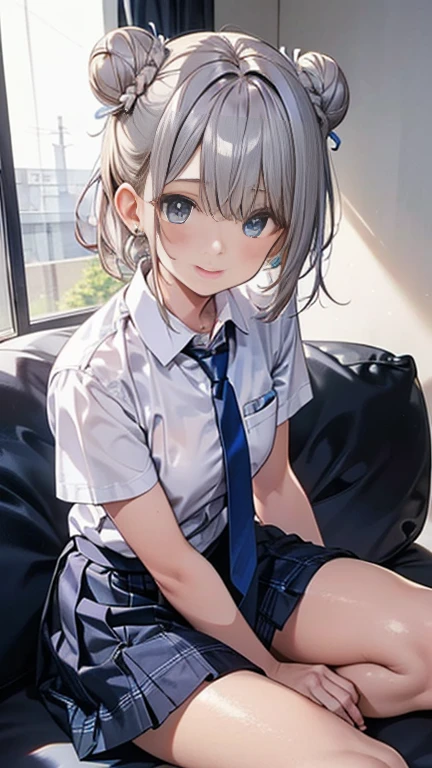 ((highest quality)), ((masterpiece)), (Very detailed), (Very high resolution), 4k, Anime 2D Rendering, Realistic, 
One Girl:1.5, 
BREAK Symmetrical Face:1.4, Perfect Face, Beautiful clavicle, Beautiful fingers, Beautiful breasts, (Slightly smaller chest), 
Beautiful body, Beautiful thighs, Beautiful feet, Perfect round butt, (Detailed skin, Tanned dark skin:1.5, Shiny skin:1.4), 
Baby Face, cute, (A little young child:1.2, 12 years old), 

Double eyelids, Natural eyebrows, 
(Beautiful and delicate eyes, Sparkling eyes, Dark blue eyes), 
plump mouth, Glossy mouth, 
BREAK Beautiful Hair, Shiny Hair, Hair fluttering, bangs, ((Silver Hair, Double bun on both sides)), 
BREAK 

((Collared short-sleeved shirt, White shirt, Blue plaid pleated skirt, Blue tie))、(Black Pantyhose、loafers)、透け感のあるBlack Pantyhose:1.4、loafers)、
Earrings、BREAK A captivating smile, (Character Focus, breast focus), sit, whole body, sunlight, 手で目を覆ってsunlightを遮る, smile
