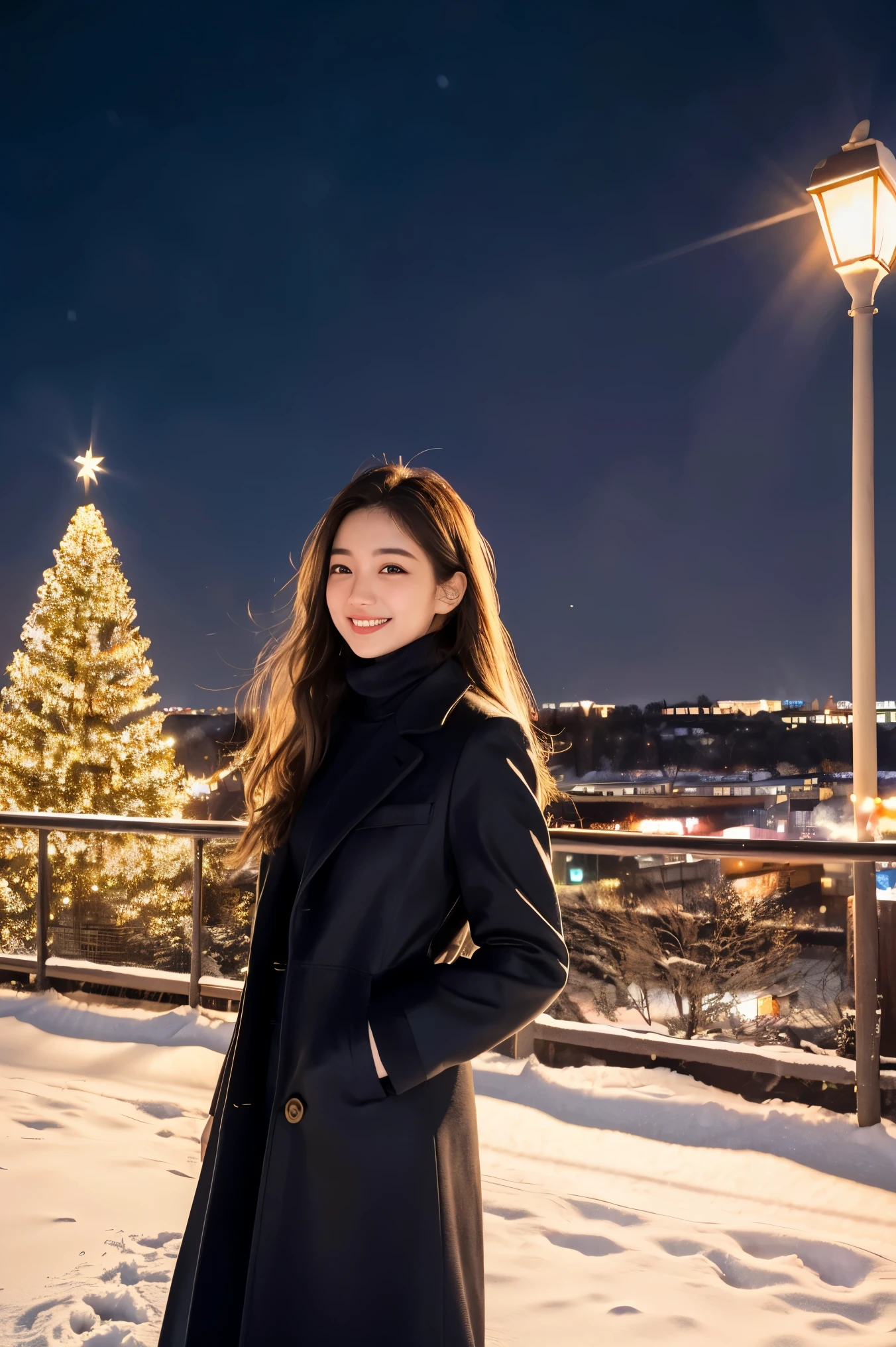 (highest quality、masterpiece、8k、Best image quality、Hyperrealism、Award-winning works)、1 girl、(Made from thick Melton fabric、A perfect and elegant open coat:1.4)、The perfect pink turtleneck knit sweater、Soft indirect lighting、Soft and delicate light、Dramatic lighting effects、(Huge breasts:1.2)、Attractive body、Accentuate your body lines、Romantic snowy night city、Romantic Christmas illuminations、Beautiful night view of the snowy city、The biggest smile looks at me、Sparkling, high-quality snow、Beautiful snow reflecting light、Diamond dust、(Tyndall effect:1.1)、Beautiful snowy scenery、(that'it's snowing:1.1)、(Snow in the hair:1.1)、Accurate anatomy、(Face close-up:1.1)、Beautiful glossy lipstick, Natural Color、Natural Makeup、Glossy Lips、Ultra HD glossy skin、ultra high definition radiation, Beautiful Skin、Moist and Beautiful Skin、Beautiful Skin glow、超高精細のGlossy Lips、Ultra-high definition sparkling eyes、(Beautiful perfect teeth in super high resolution:1.1)、Please smile widely and show your beautiful teeth.、(perfect beautiful teeth:1.1)