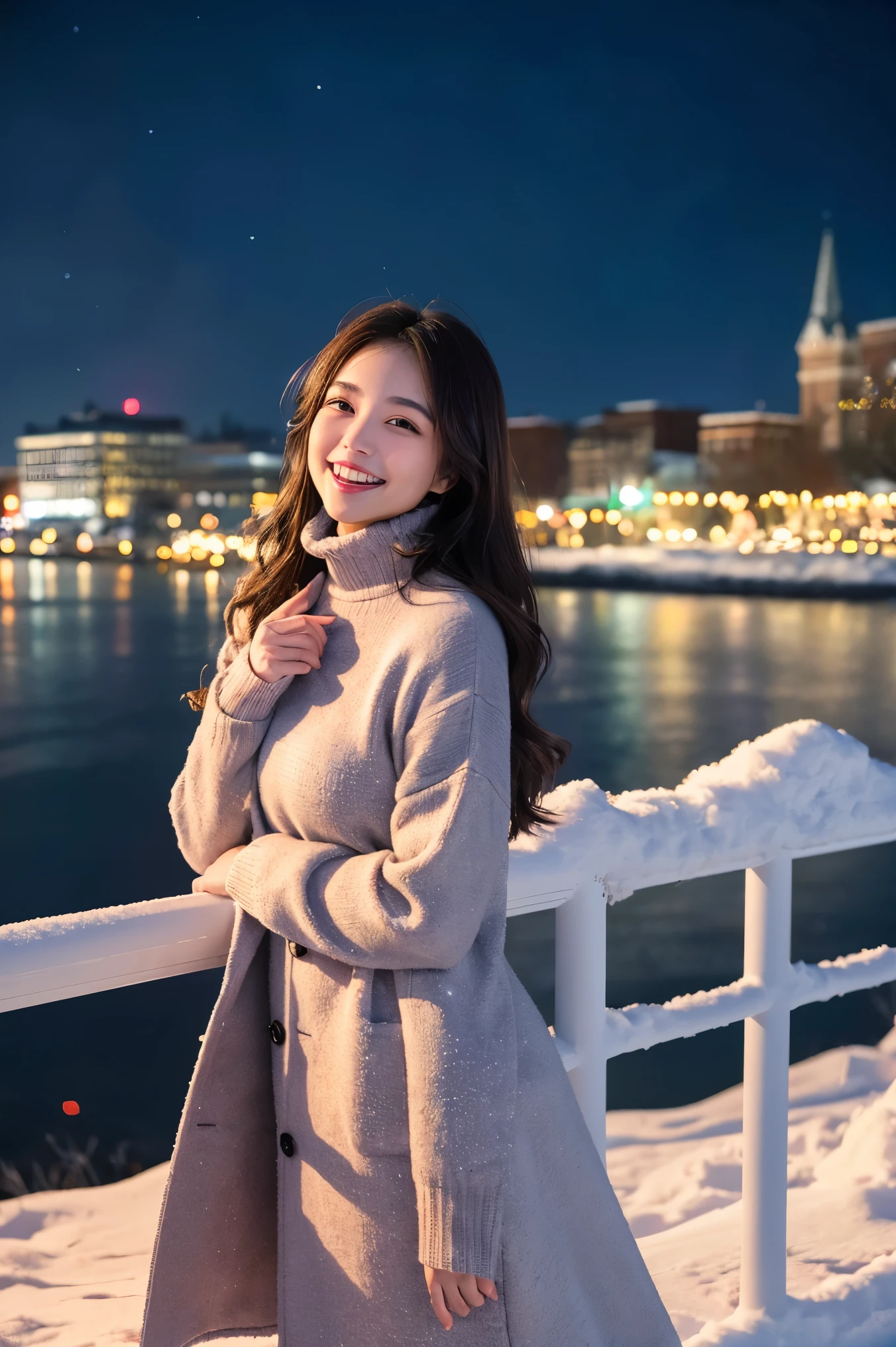 (highest quality、masterpiece、8k、Best image quality、Hyperrealism、Award-winning works)、1 girl、(Made from thick Melton fabric、A perfect and elegant open coat:1.4)、The perfect pink turtleneck knit sweater、Soft indirect lighting、Soft and delicate light、Dramatic lighting effects、(Huge breasts:1.2)、Attractive body、Accentuate your body lines、Romantic snowy night city、Romantic Christmas illuminations、Beautiful night view of the snowy city、The biggest smile looks at me、Sparkling, high-quality snow、Beautiful snow reflecting light、Diamond dust、(Tyndall effect:1.1)、Beautiful snowy scenery、(that'it's snowing:1.1)、(Snow in the hair:1.1)、Accurate anatomy、(Face close-up:1.1)、Beautiful glossy lipstick, Natural Color、Natural Makeup、Glossy Lips、Ultra HD glossy skin、ultra high definition radiation, Beautiful Skin、Moist and Beautiful Skin、Beautiful Skin glow、超高精細のGlossy Lips、Ultra-high definition sparkling eyes、(Beautiful perfect teeth in super high resolution:1.1)、Please smile widely and show your beautiful teeth.、(perfect beautiful teeth:1.1)