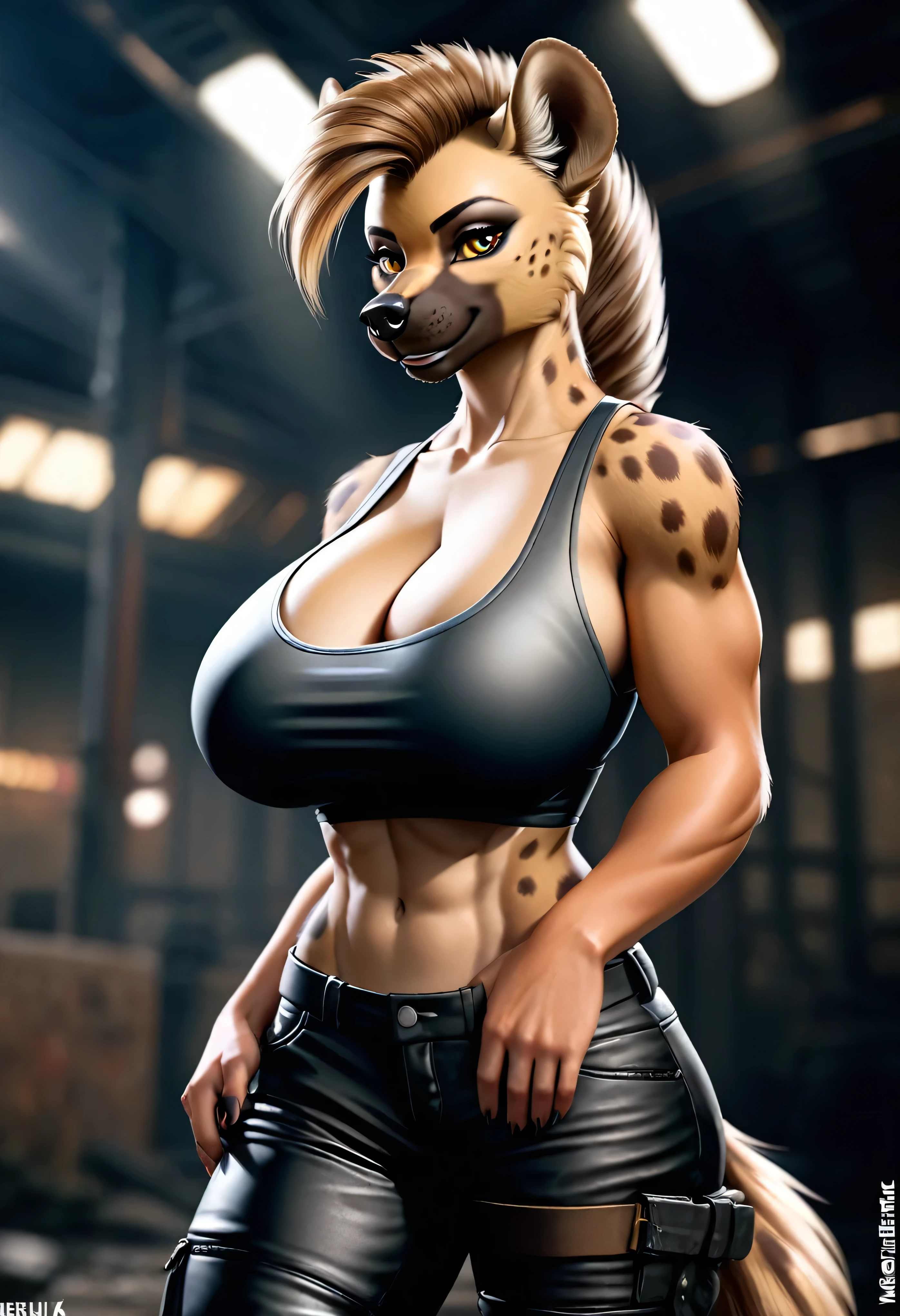 4k highly detailed realistic digital extremely high quality drawing, masterpiece, (by keeltheequine), (uploaded on e621), (a full-body portrait of an anthro hyena girl), ((action pose in a post-apocalyptic wasteland)), ((wearing a tanktop, tight leather pants and combat boots)), (beautiful and detailed eyes:1.1), fur, seductive, sexy, voluptuous, curvy body, hourglass figure, large breasts, muscles, cinematic lighting, (f1.8 short focus bokeh)