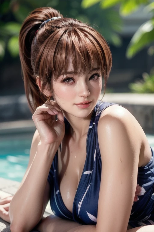 Full body shot of Kasumi, Young face, Brown Hair, ponytail, Cover your body with a yukata, Take a bath in the open-air bath, Wet and transparent yukata, Vivitone, alone, Shyly lowered face, Red cheeks, Shy laugh, A pose with a slight twist of the upper body, Side lighting, Shallow and sharp depth of field,(Very detailed),Realistic, (masterpiece), (High resolution), (8k wallpaper)