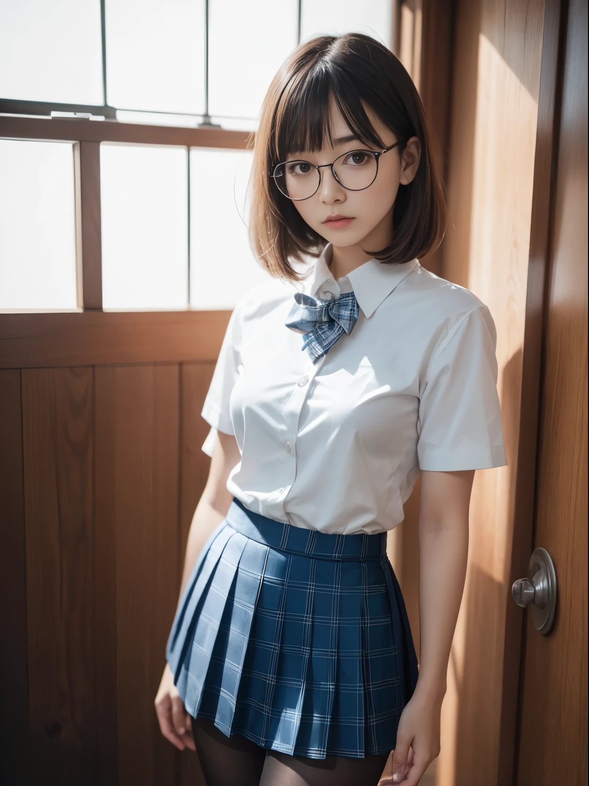(8K、Raw photography、top-quality、masterpiece:1.2),(bob cuts),cocky,School,watching at viewers,Looking at the front,Muchimuchi,Erotic,Pupils,(Light Blue Bra,Bras showing through shirts),de pele branca,kne,(Black pantyhose),absurderes,a small face,,flat breast,Parting the bangs from the middle、Forehead visible,(a cold expression,Tight eyes,glares,Bullish,skinny,Rasping,irate)、masterpiece,top-quality、超A high resolution,Raw photo,ren,Beautiful fece,One Person, solo,eye glass,,Dark look,Small breasts,fullllbody,Round glasses、cute little,JK ,hi-school girl,A Japanese Lady,is standing,(Photorealsitic:1.37)、Photon mapping,Realistic、Beautie,Cute little face,Brown-eyed、Black socks、(Red bow tie)、Radio City、Physically Based Rendering、depth of fields、Blurry background、a picture,Body,s girl,beauty legs, Long legs, Thin leg,(Bangs are visible), hair, s lips, Blue_The eye, nosesoft,(Light blue shirt), (Navy and blue and white plaid pleated skirt), Knees are visible,Sheer clothing,, Thigh, Black cotton socks,Nogizaka Idol, , Japanese ido