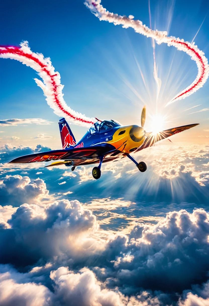 The picture shows a dynamically flying Red Bull Zivko Edge 540 looping and trailing vapour trails, cloudy, sunny, blue sky, backlight, glistening light,