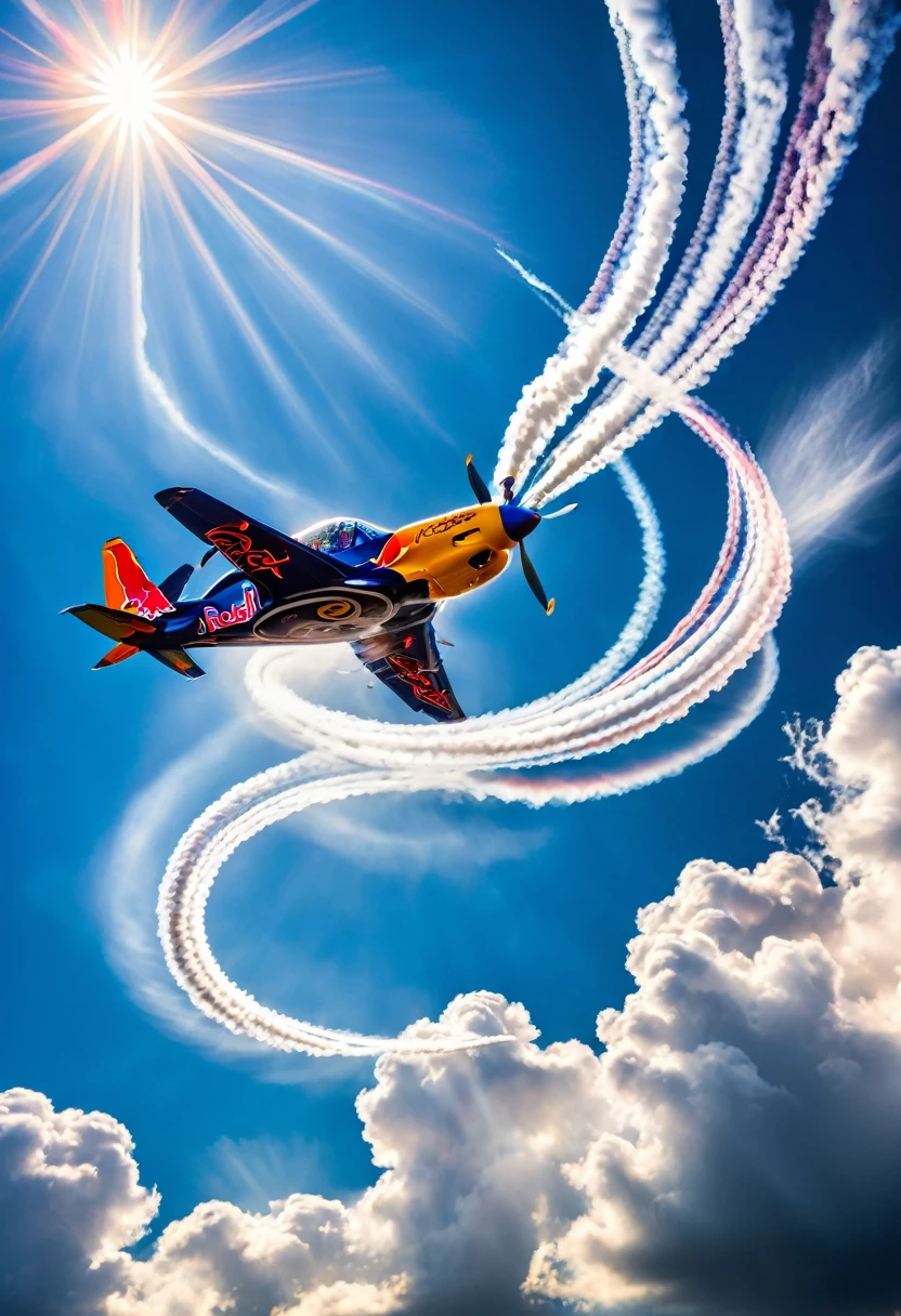 The picture shows a dynamically flying Red Bull Zivko Edge 540 looping and trailing  vapour trails, cloudy, sunny, blue sky, backlight, glistening light, 