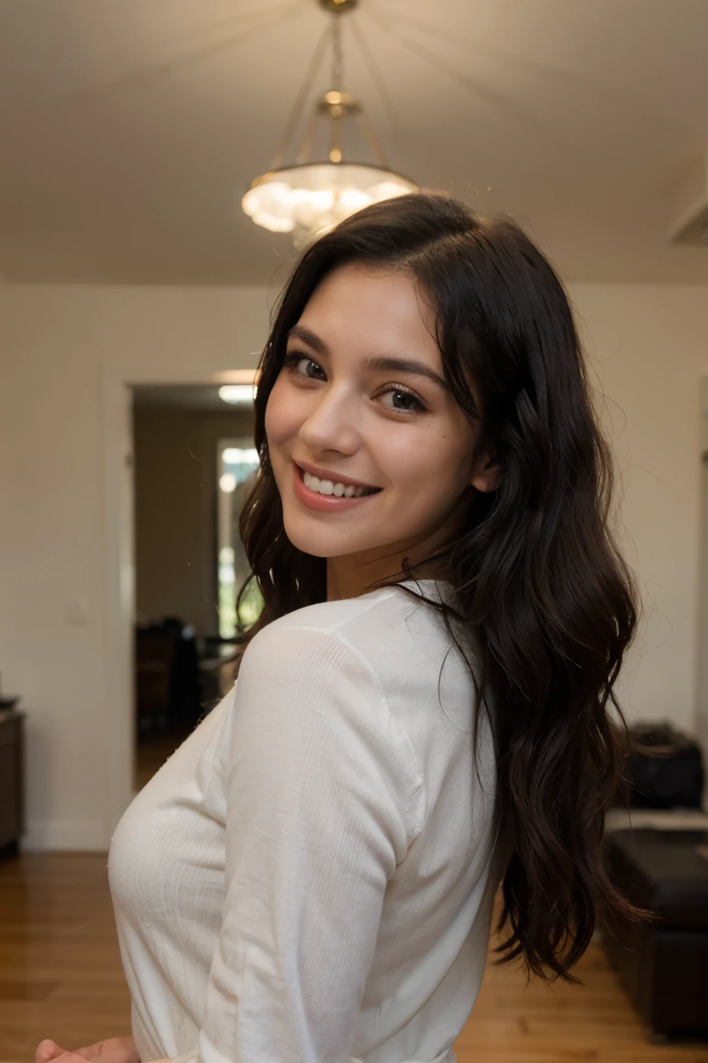 From the front view, her radiant smile lights up the room, inviting you to share in her joy and warmth. From the side, you catch a glimpse of her stunning black hair cascading in perfect waves, framing her exquisite features with effortless beauty.
