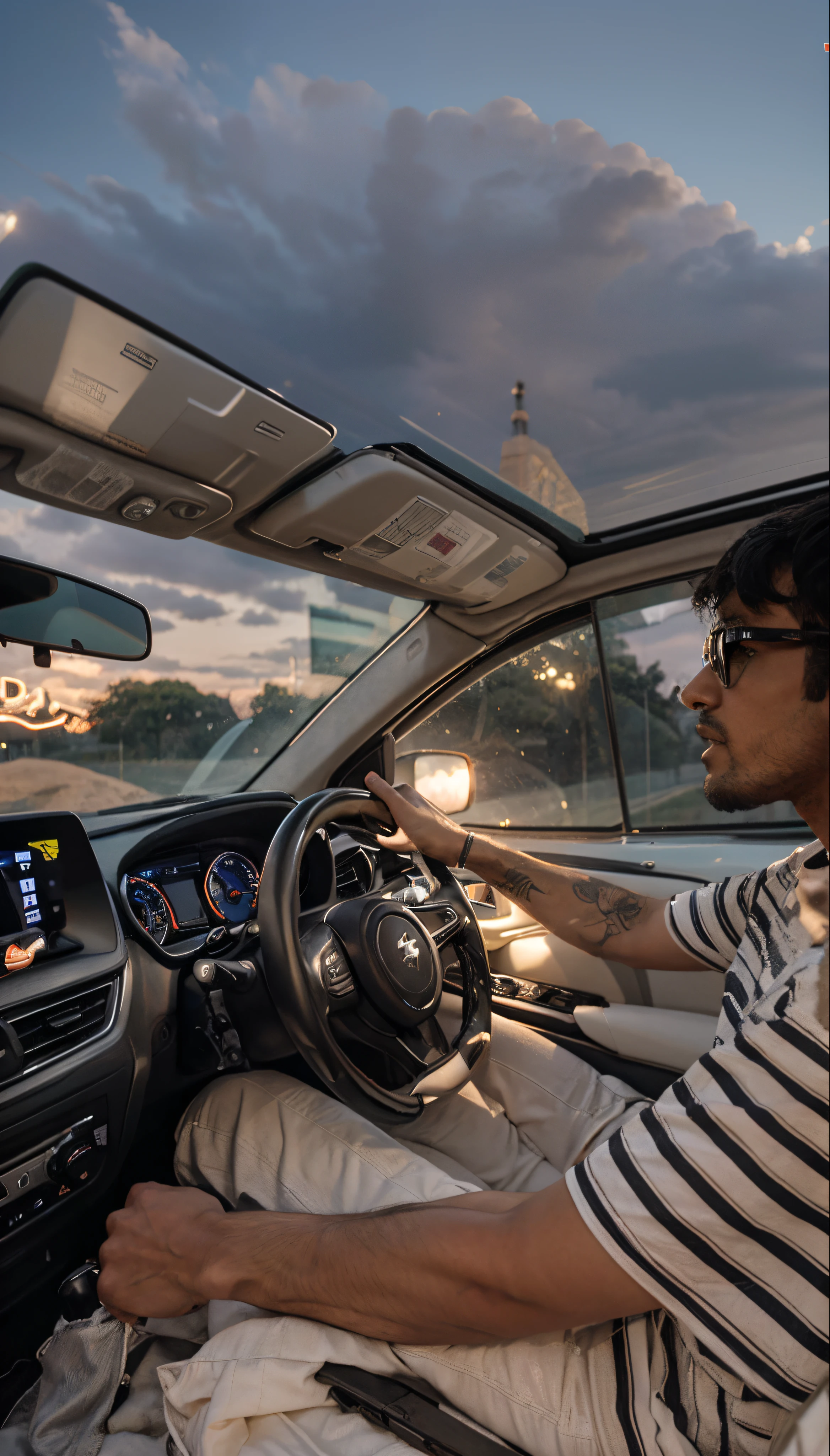Boys, best quality,Focus on man with tattoo driving , Black goggles , Maruti Suzuki logo , Francs Cars